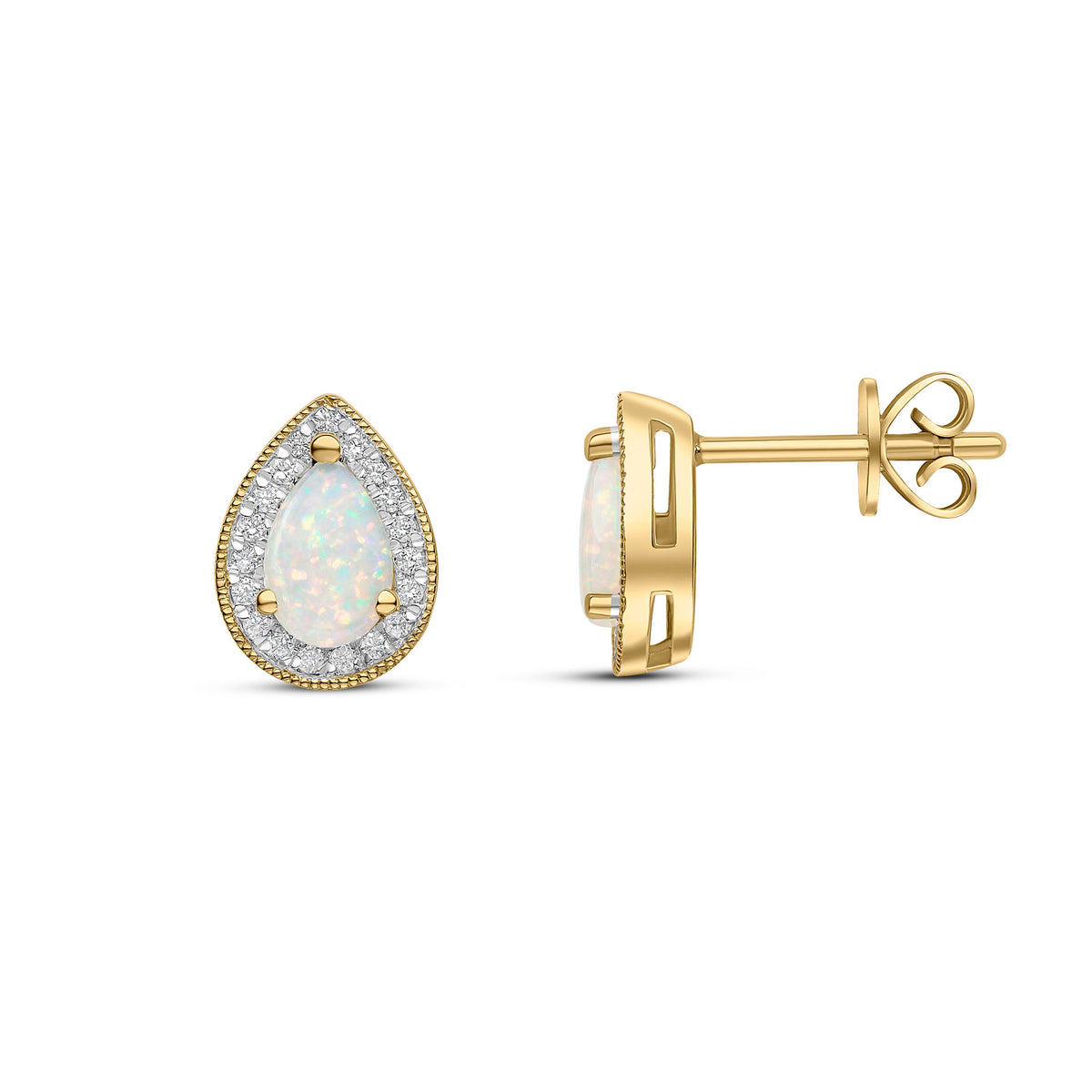 18ct Yellow Gold Claw Set 6x4 Pear Shape Opal and Round Diamond Cluster Earrings Milgrain Edge