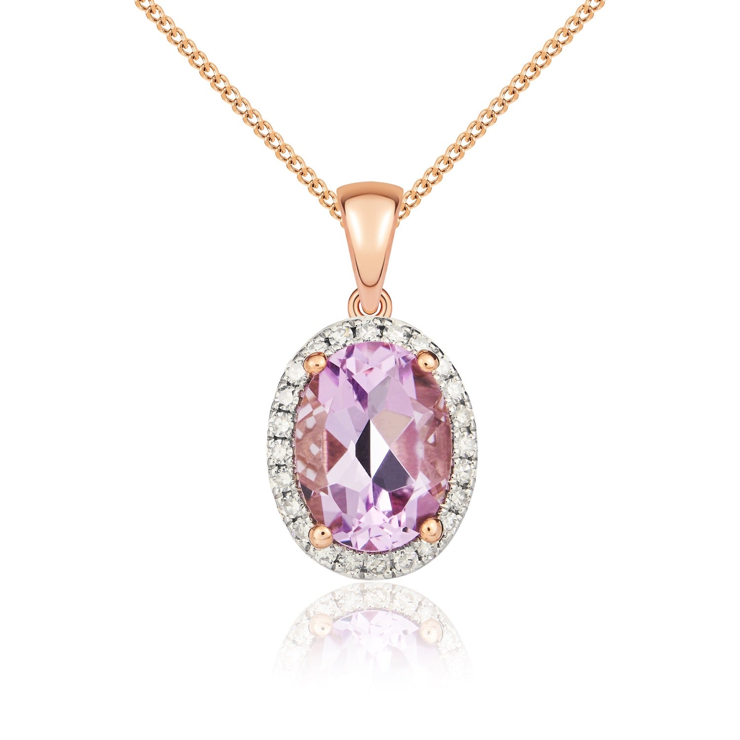 9ct rose gold 8 x 6mm oval Pink Amethyst & diamond Claw Set cluster pendant.