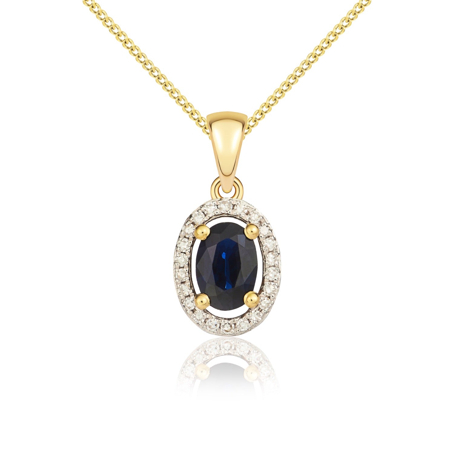 9ct Yellow Gold 6x4 Oval Sapphire and Round Diamond Halo Cluster Pendant with Plain Loop Top Rhodium to Diamonds