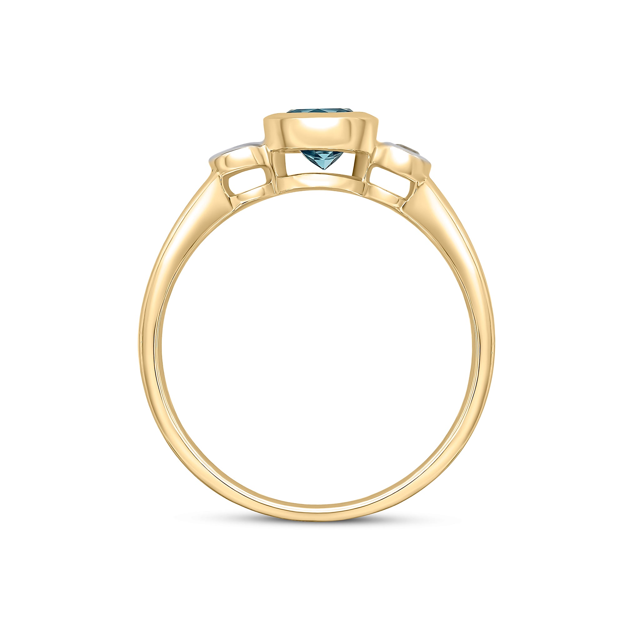 9CT YG 5MM ROUND SWISS BLUE TOPAZ AND DIAMOND RUBOVER 3ST RING. RHODIUM TO DIAMONDS 1