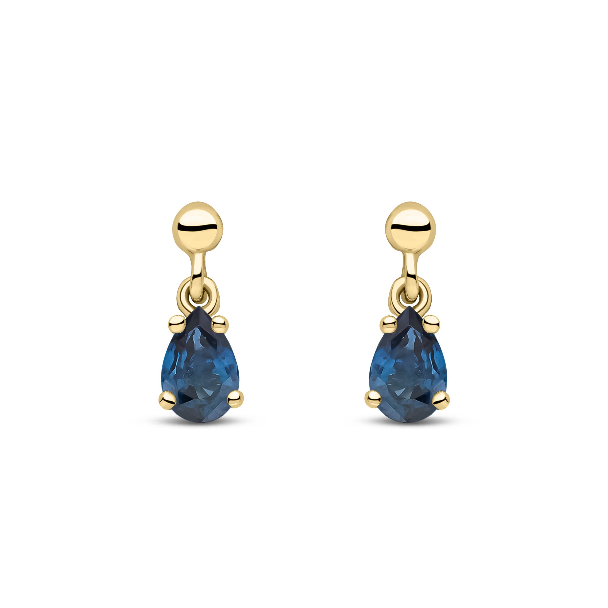 9ct Yellow Gold 6x4 Pear Shape Sapphire Claw Set Drop Earrings with Bead Stud Top