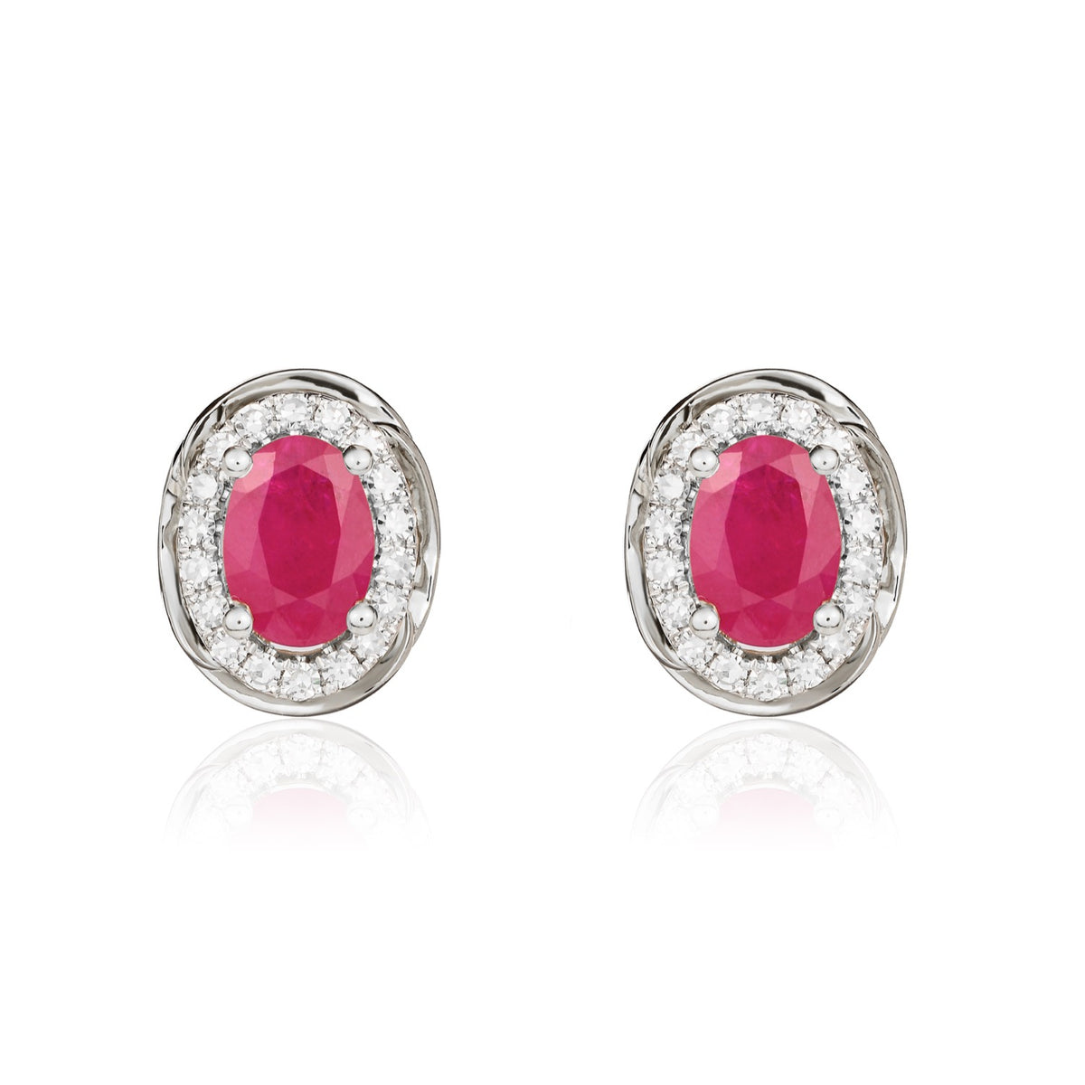 9ct White Gold 7x5 Oval Ruby & Diamond Cluster Earrings with Rope Edge