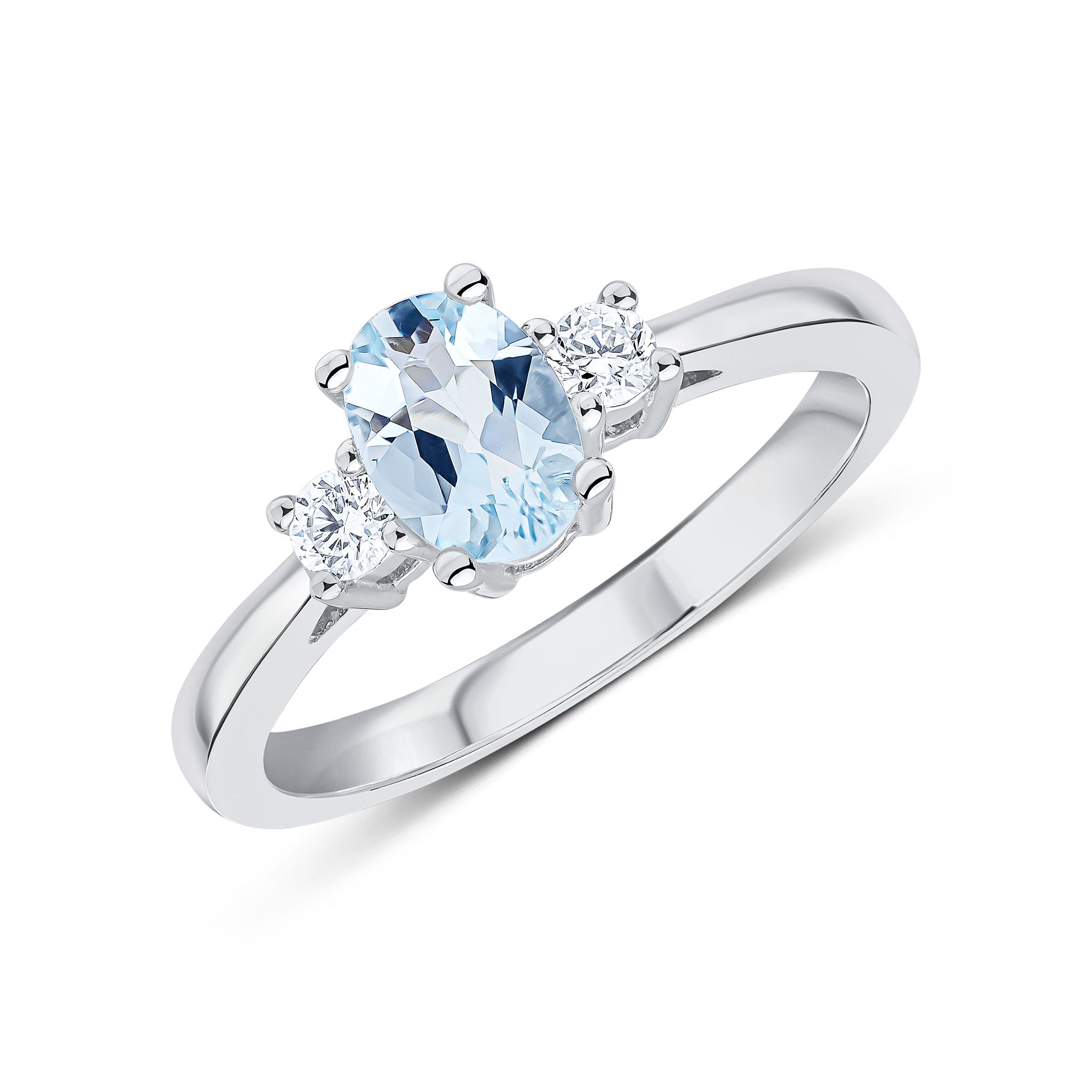9ct White Gold 7x5 Oval Aquamarine and Round Diamond Claw Set 3 Stone Ring