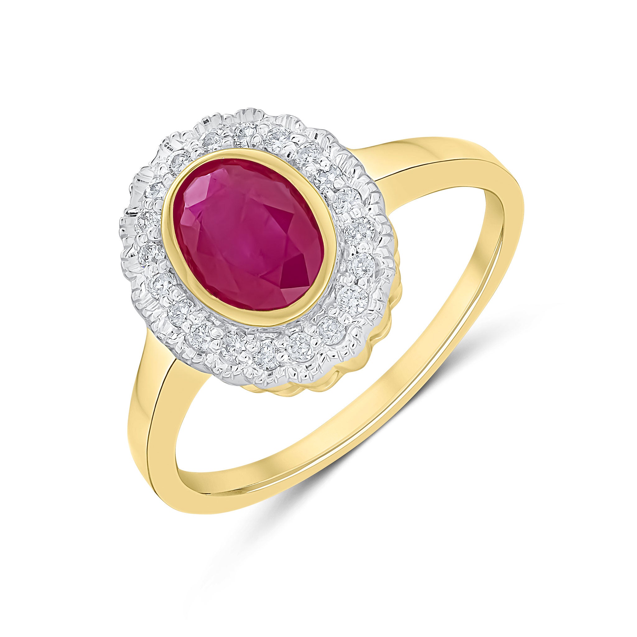 9ct Yellow Gold Rubover Oval Ruby and Milgrain Round Diamond Cluster Ring Rhodium to Diamonds