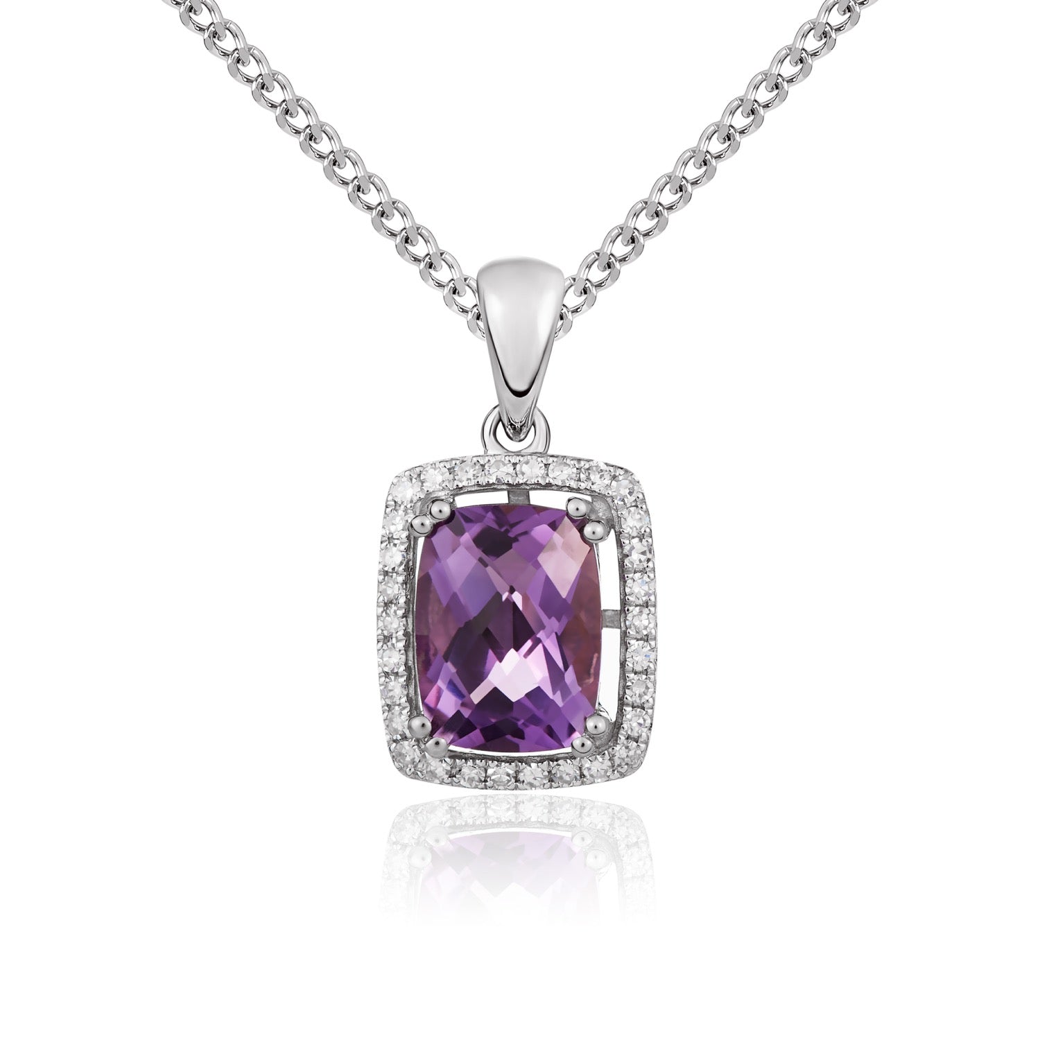 9ct White Gold Octagonal Cushion Amethyst & Diamond Cluster Pendant