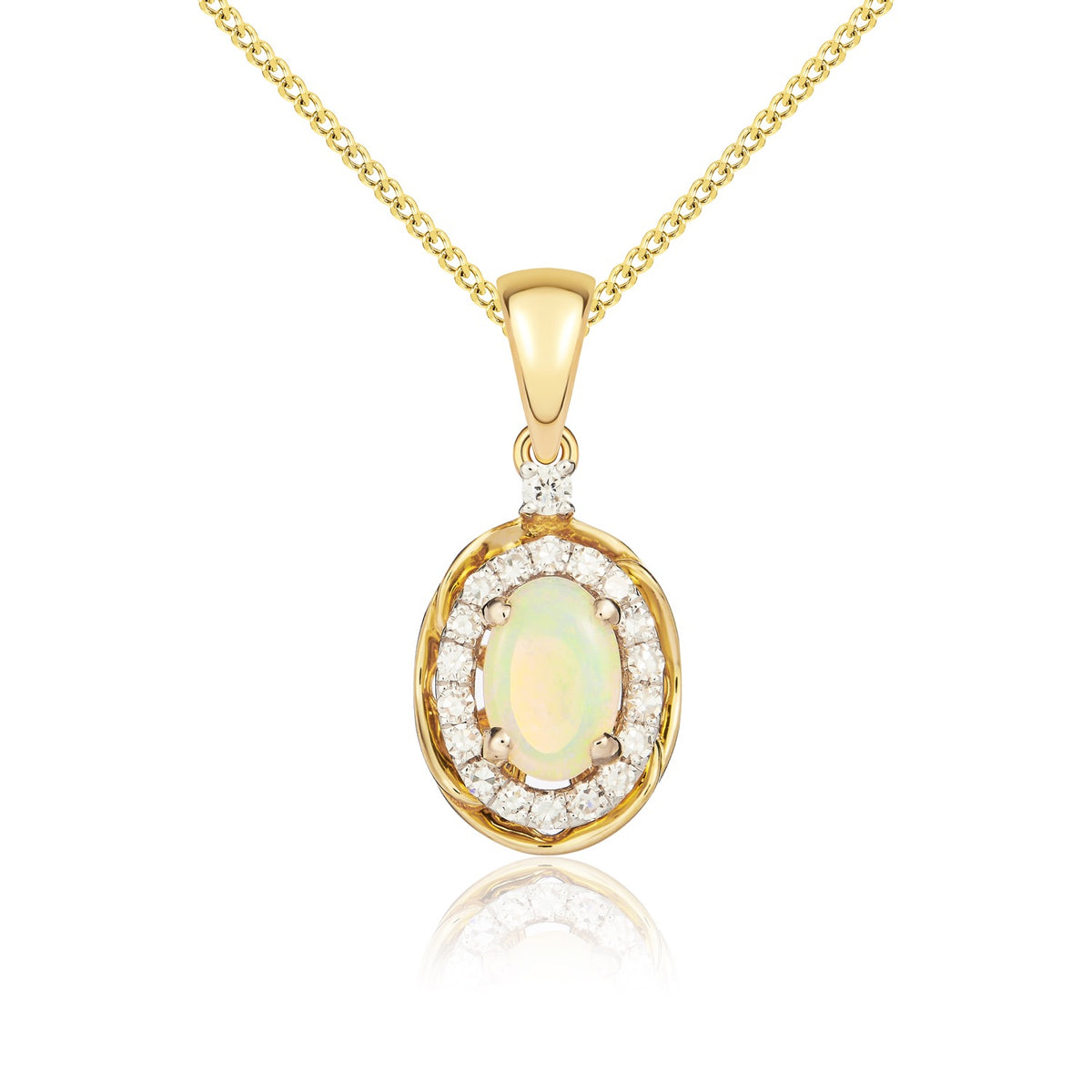 9ct Yellow Gold 6x4mm Oval Opal & Diamond Claw Cluster Pendant