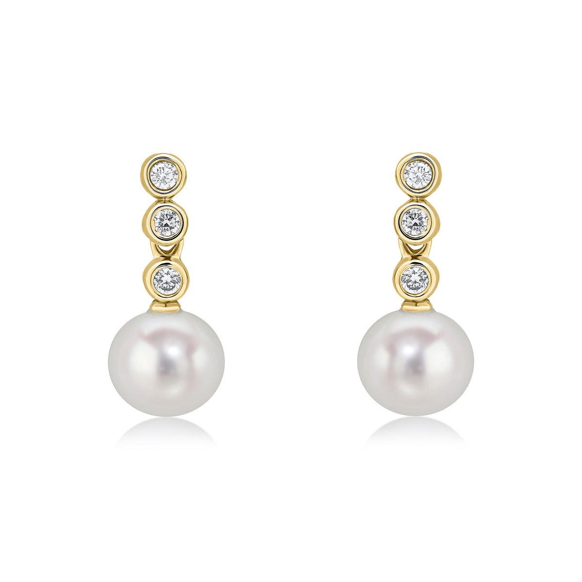 18yg Diamond & Fw Pearl 4 Stone Rubover Stud Earrings