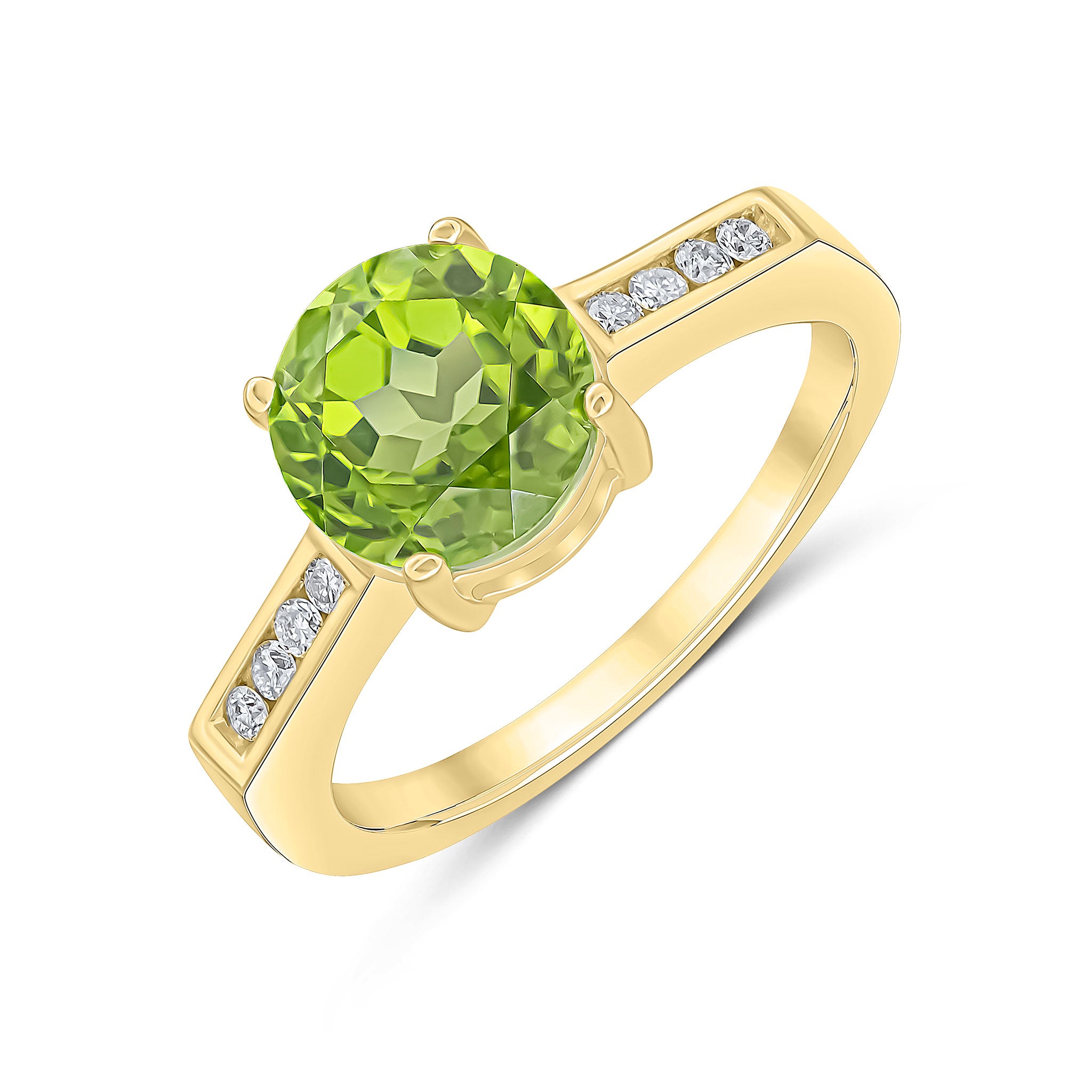 9CT YG CLAW SET 8MM ROUND PERIDOT SINGLE STONE RING WITH CHANNEL SET DIAMOND SHOULDERS 1