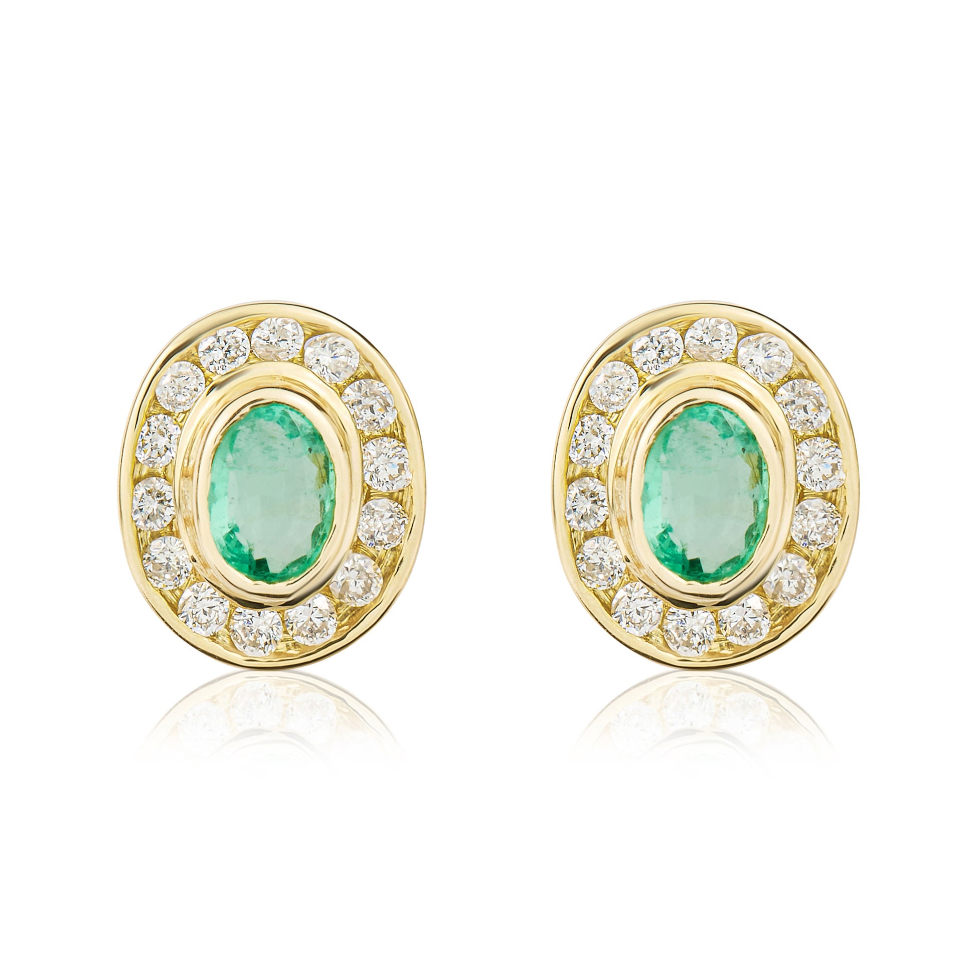 9ct Yellow Gold Oval Emerald and Diamond Rubover Cluster Earrings