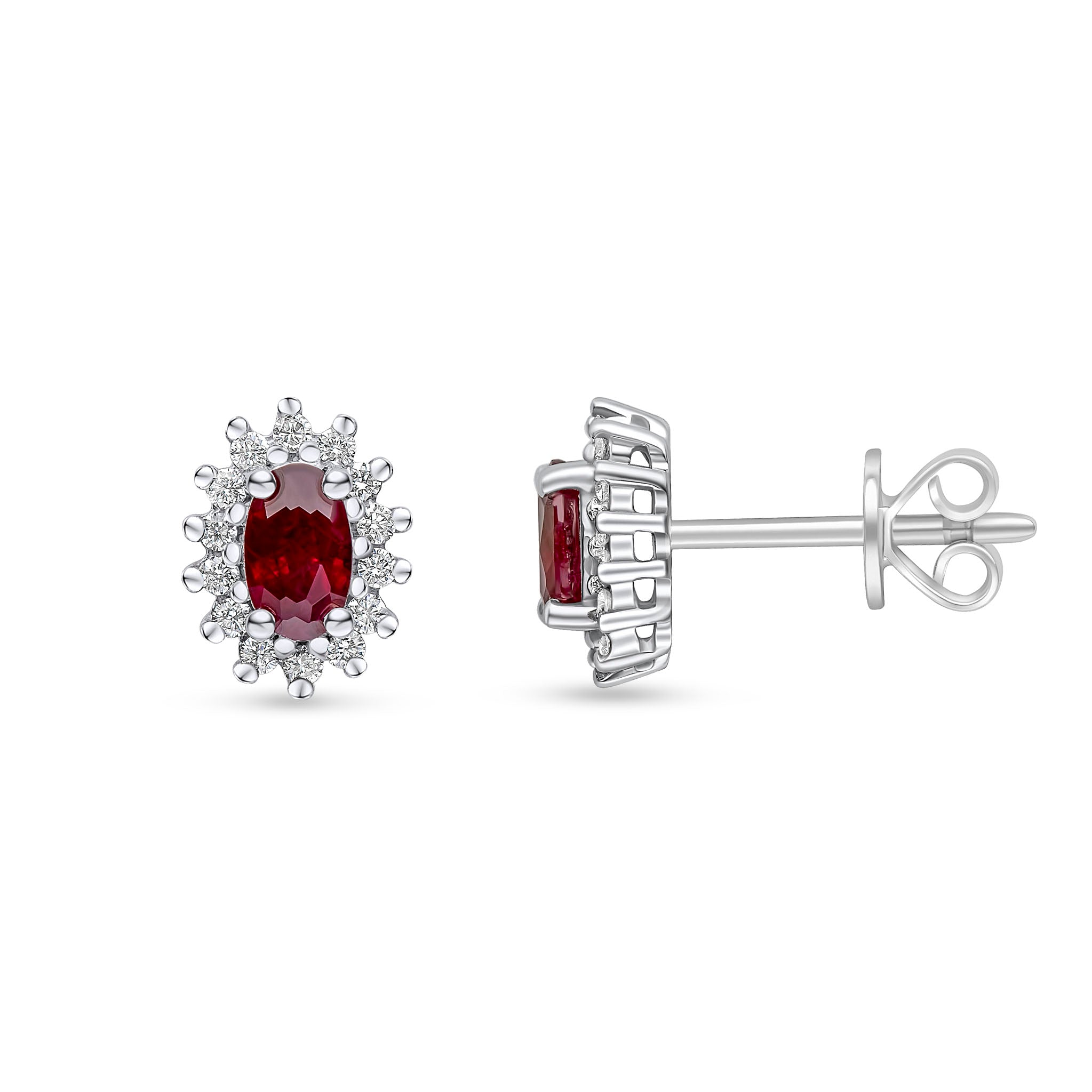 18ct White Gold 5x3 Oval Ruby and Round Diamond Claw Set Cluster Earrings