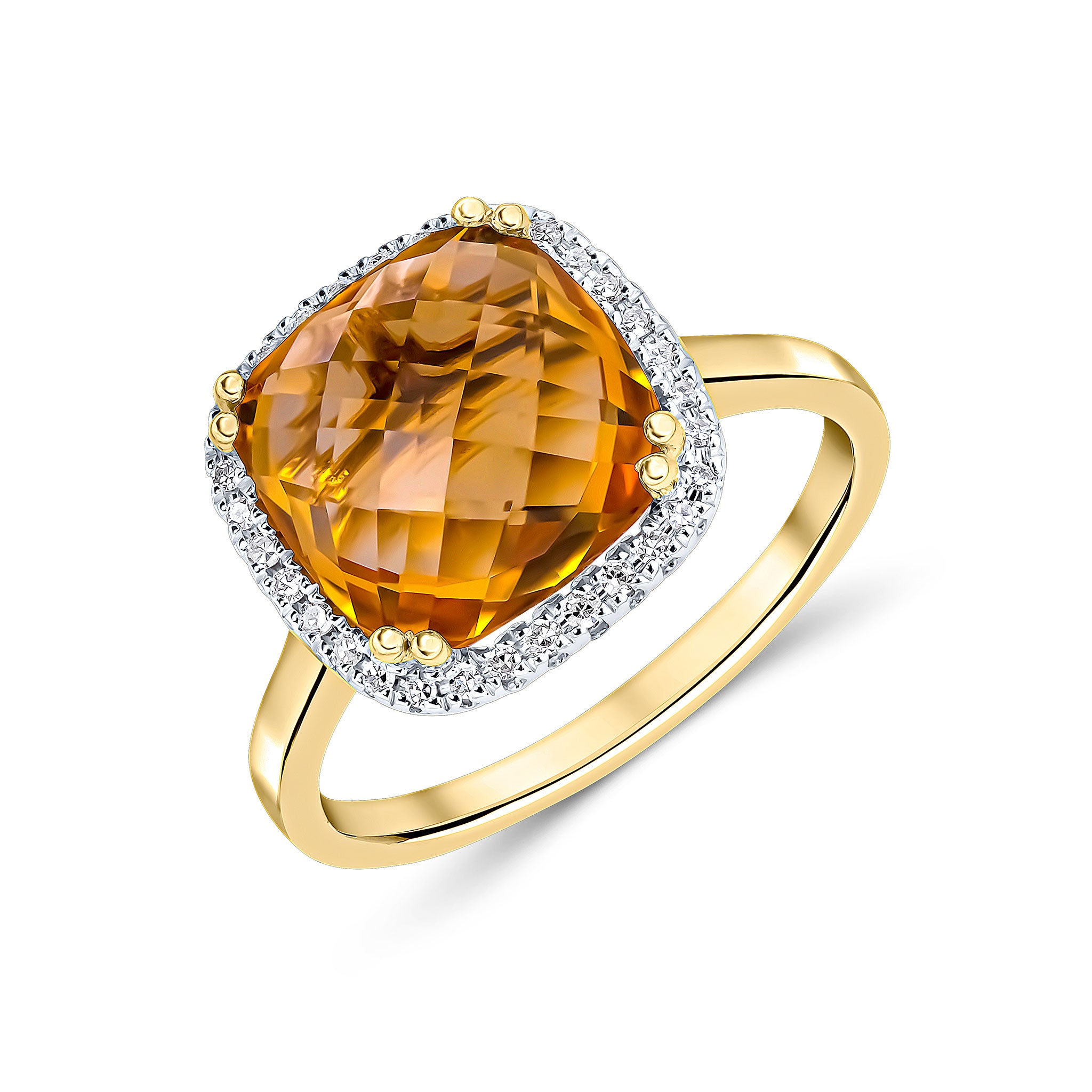 9CT YG 10MM CHECKERBOARD CUT CUSHION CITRINE & DIAMOND CLAW SET CLUSTER RING. RHODIUM TO DIAMONDS 1