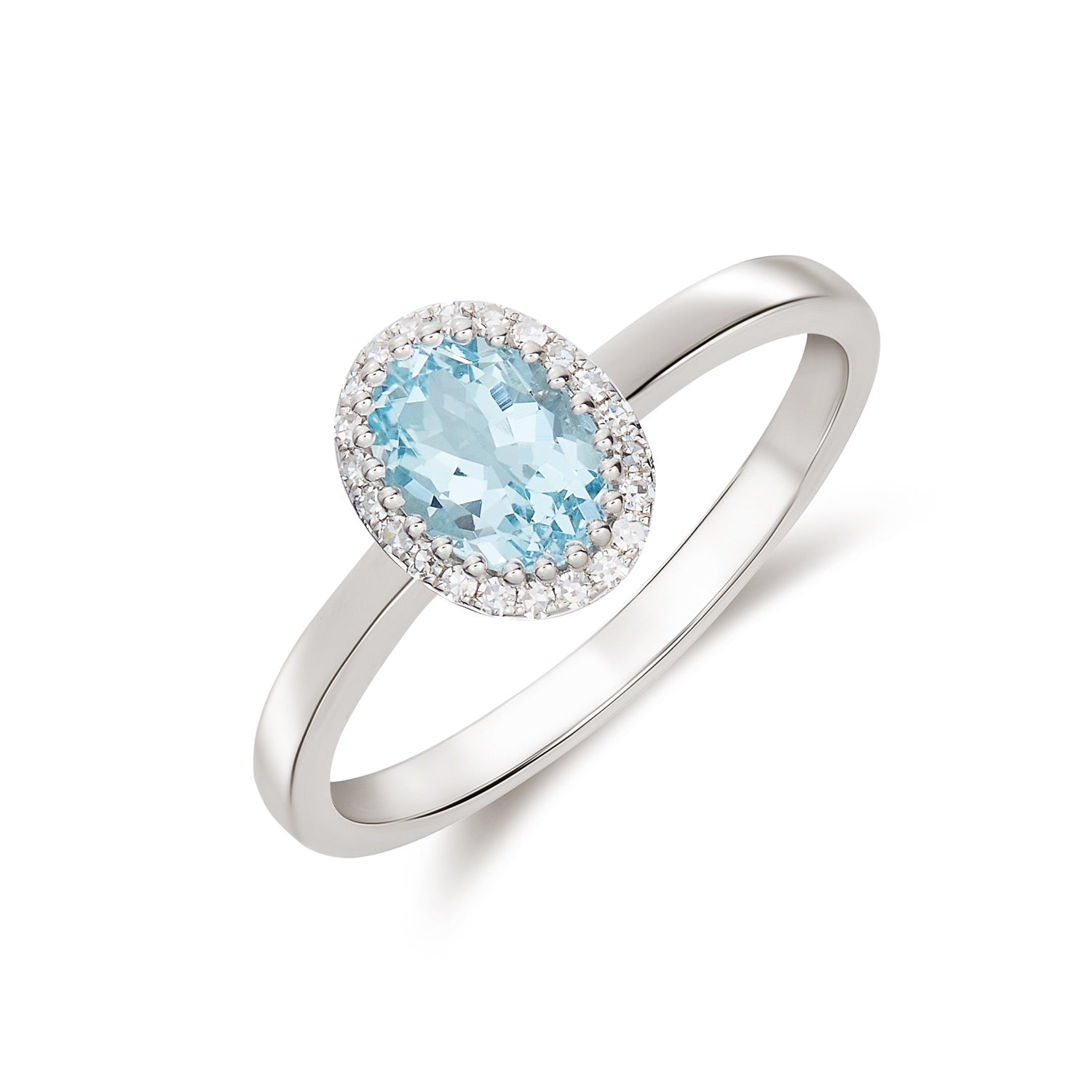 9ct White Gold 7x5 Oval Aquamarine and Round Diamond Claw Set Cluster Ring