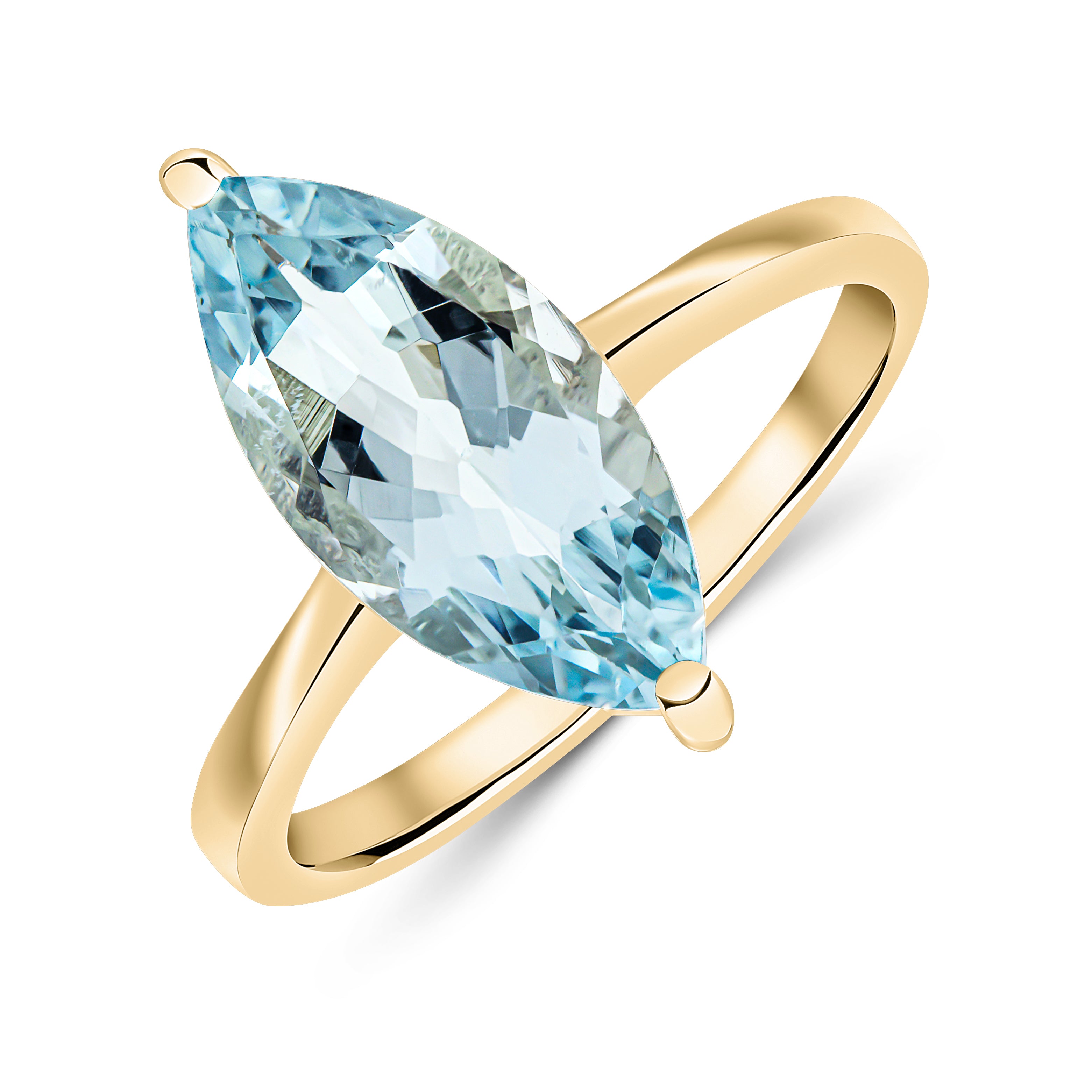 9ct Yellow Gold 15x7mm Marquise Aquamarine Claw Set Single Stone Ring