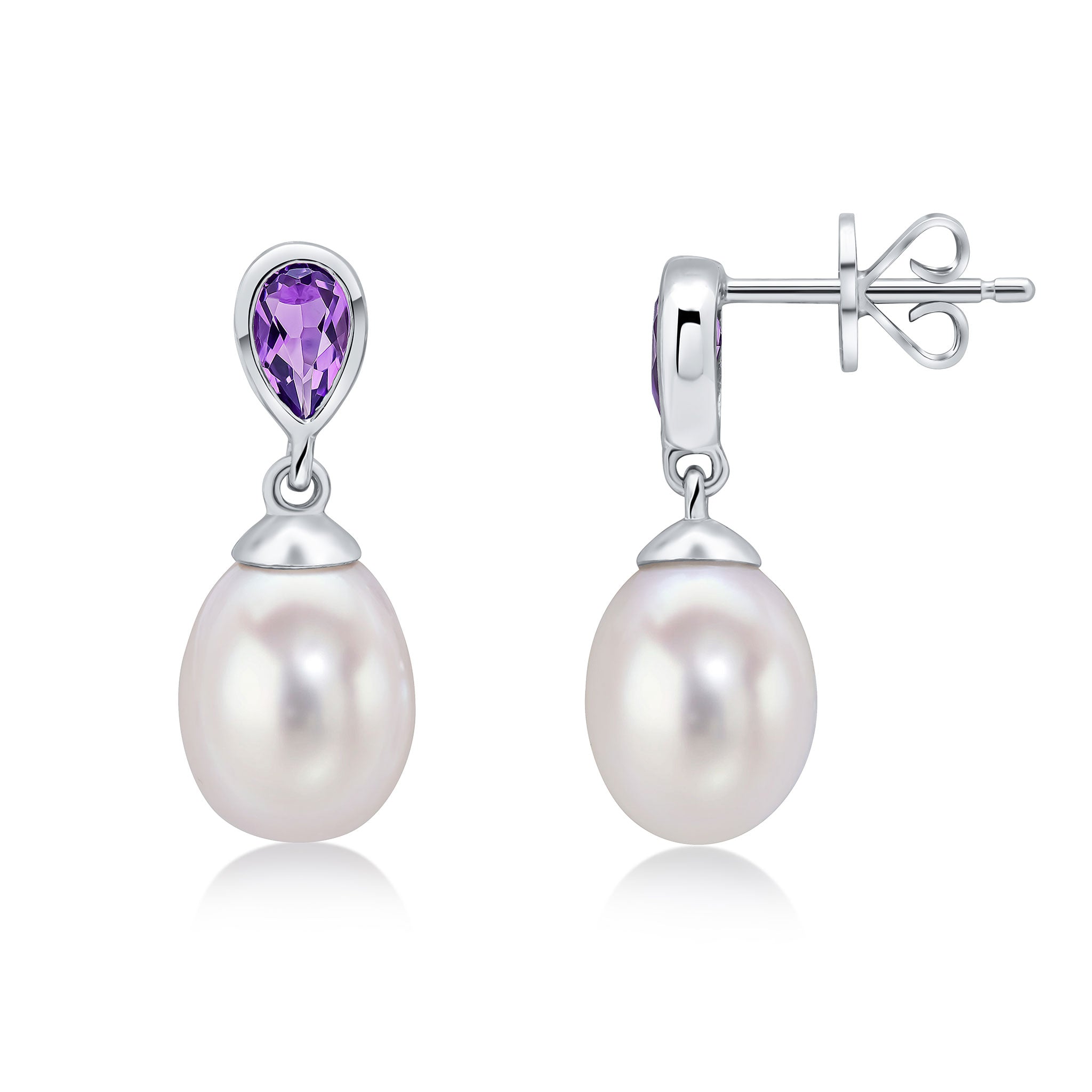 9ct White Gold Pearl & Single Pear Shape Amethyst Drop Earrings