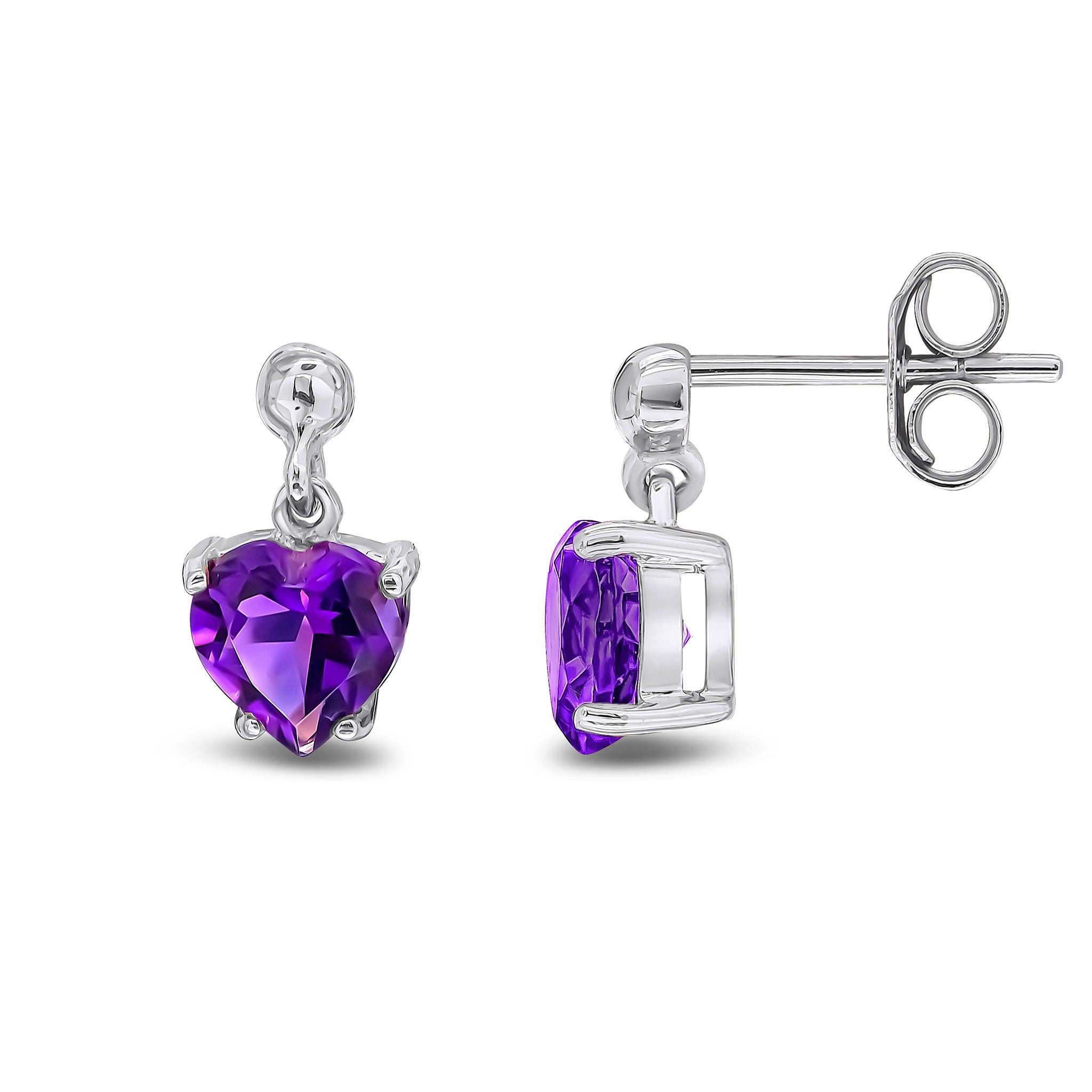 9ct White Gold 6mm Heart-Shape Amethyst Claw Set Drop Earrings with 3mm Bead Top