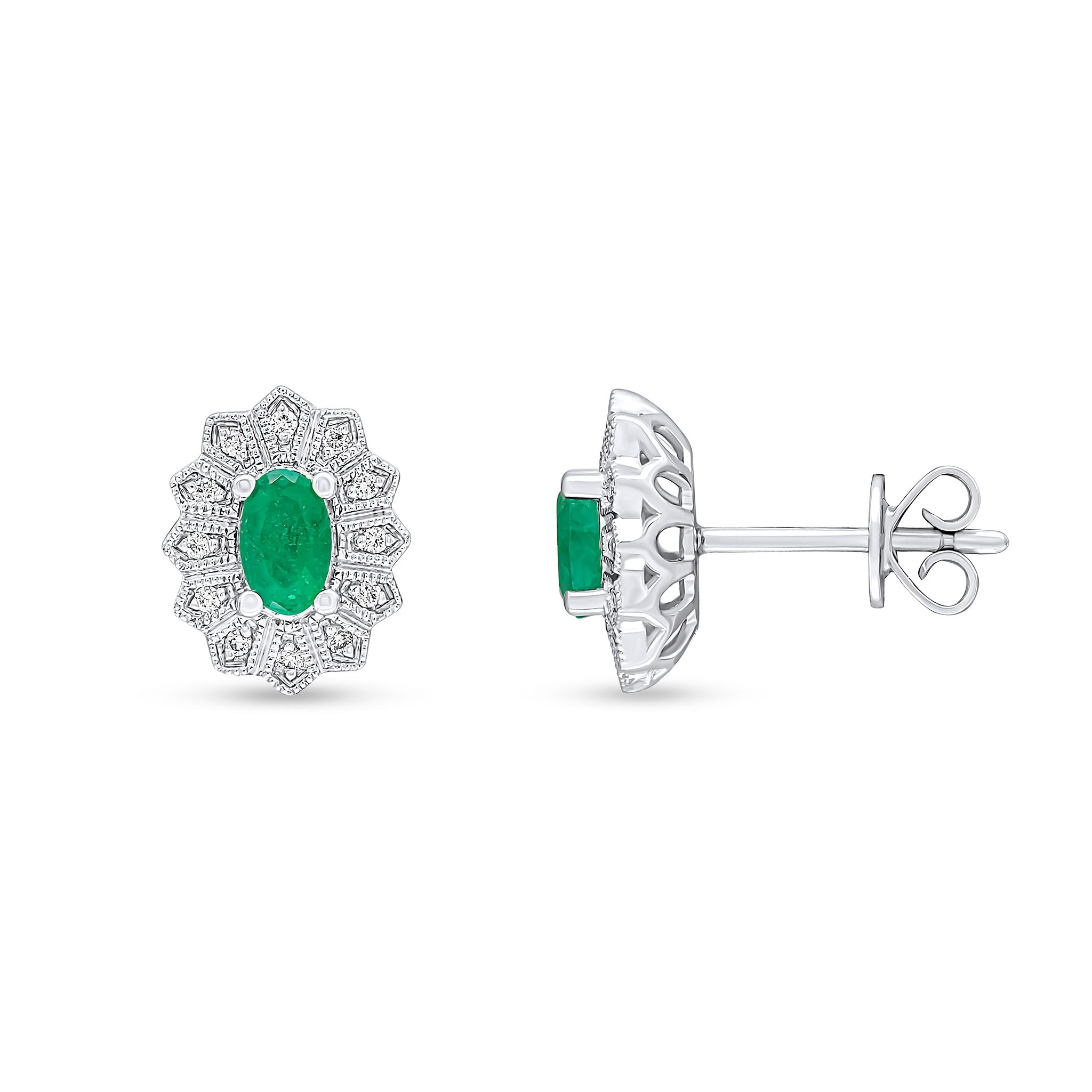 18ct White Gold Oval Emerald and Diamond Milgrain Fancy Cluster Earrings