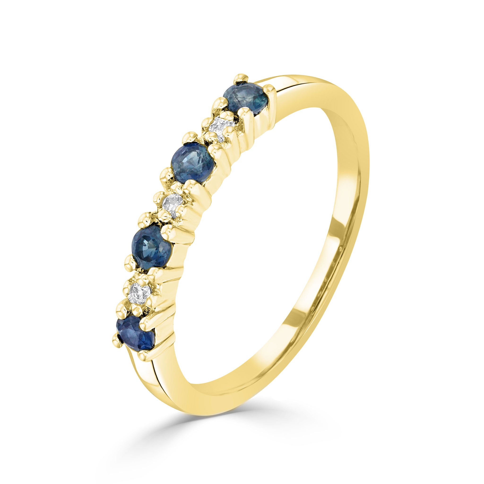 9ct Yellow Gold Round Sapphire and Round Diamond Claw Set 7 Stone Ring