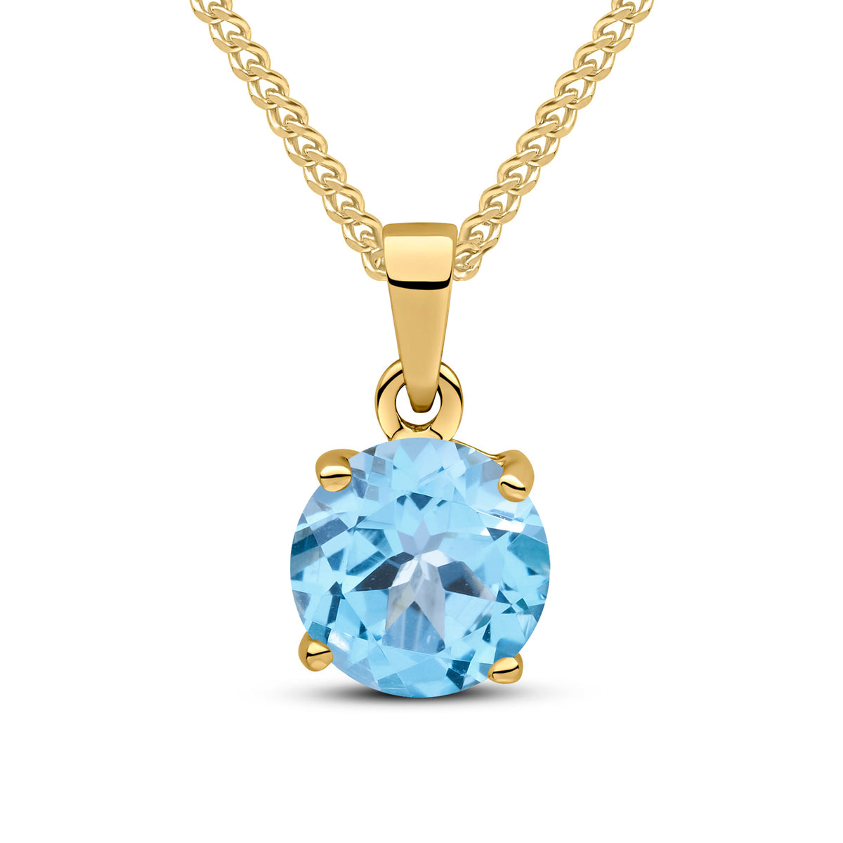 9ct Yellow Gold 8mm Round Swiss Blue Topaz Claw Set Pendant