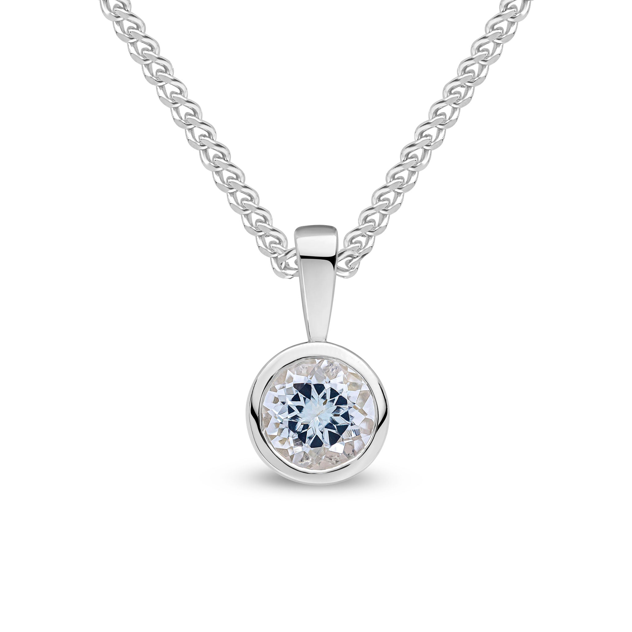 9ct White Gold 6mm Round Aquamarine Rubover Pendant