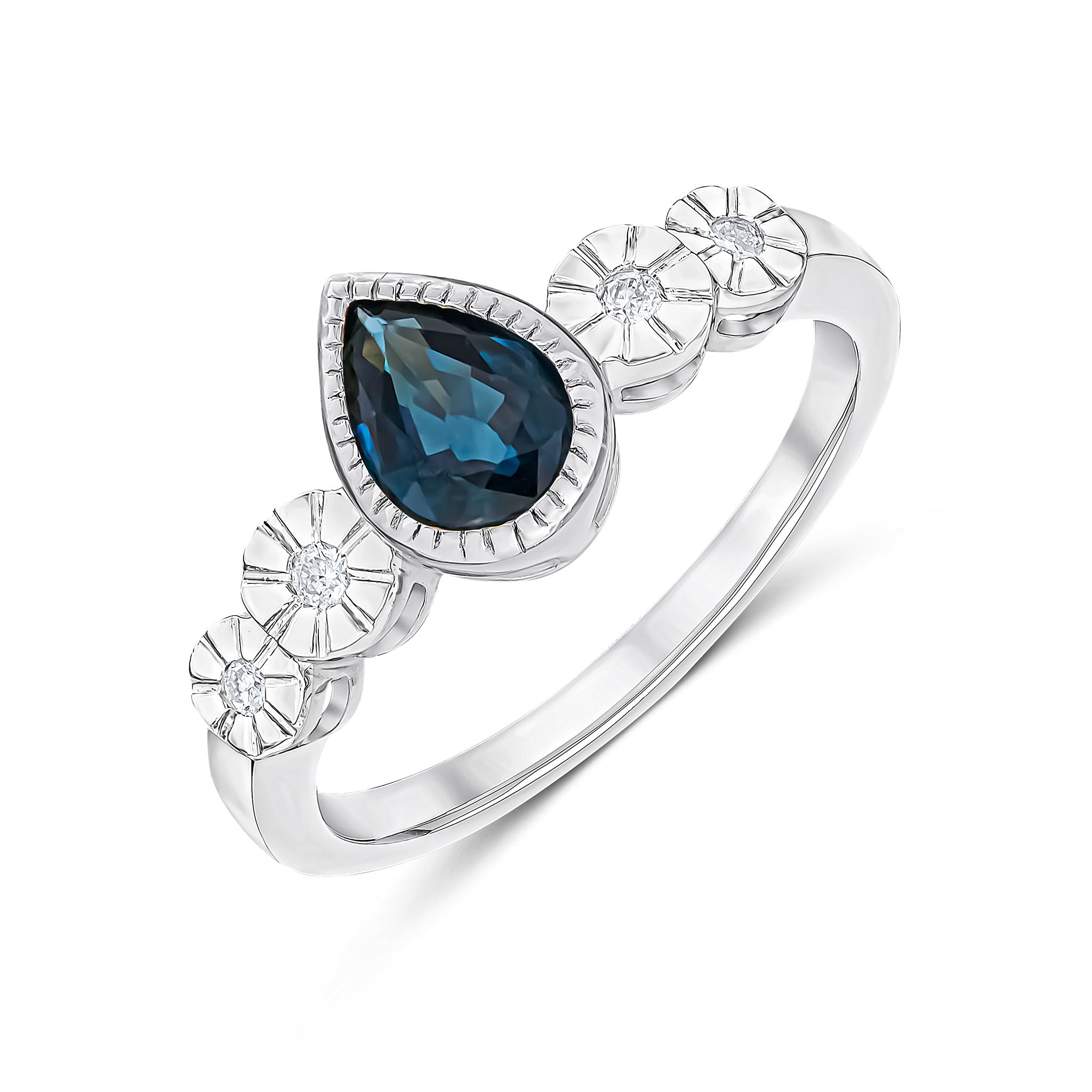 9CT WHITE GOLD MILLEGRAIN PEARSHAPE SAPPHIRE AND ILLUSION DIAMOND 4ST SHOULDERS RING 1