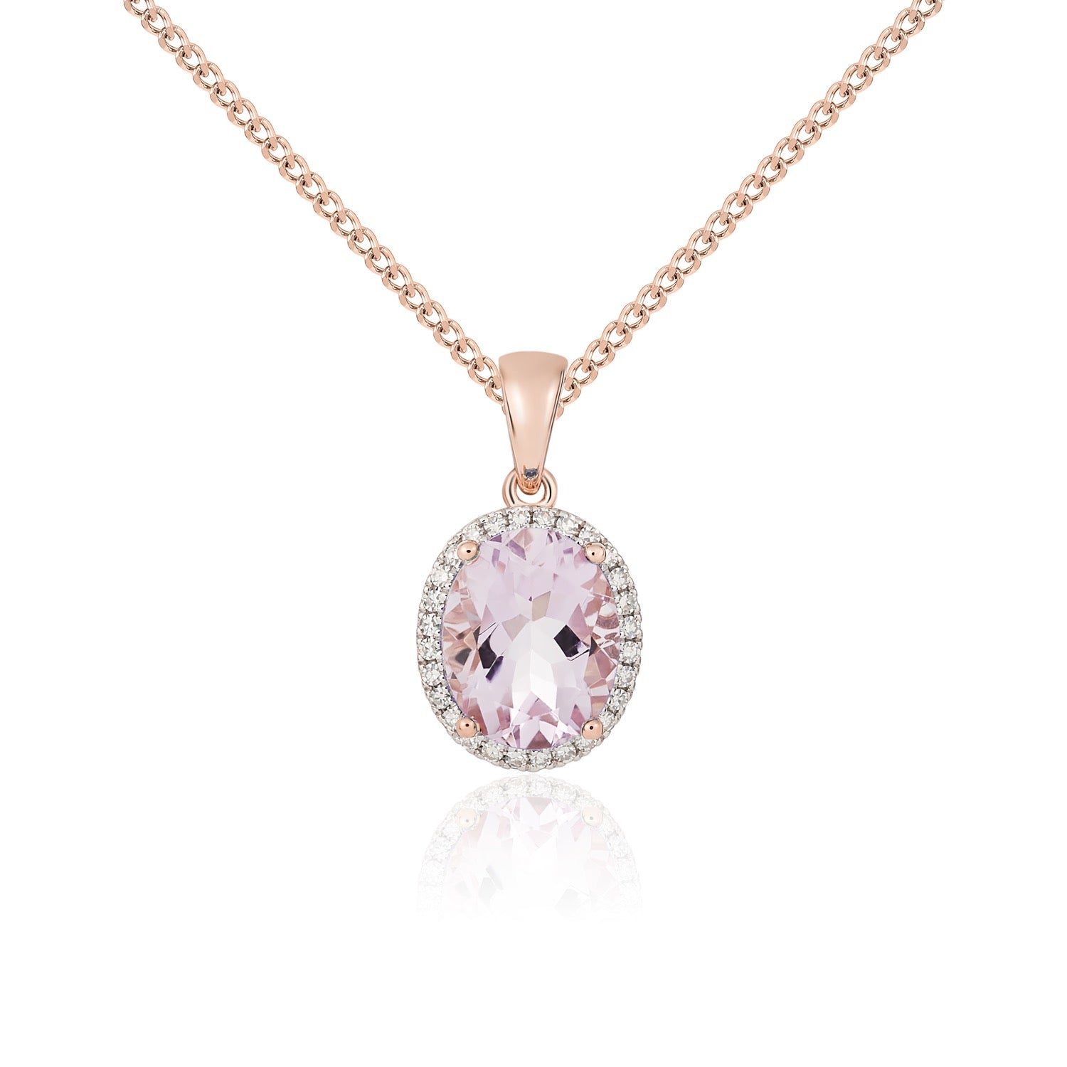9ct Rose Gold 10x8 Oval Pink Amehtyst & Diamond Claw Cluster Pendant Rhodium to Diamonds