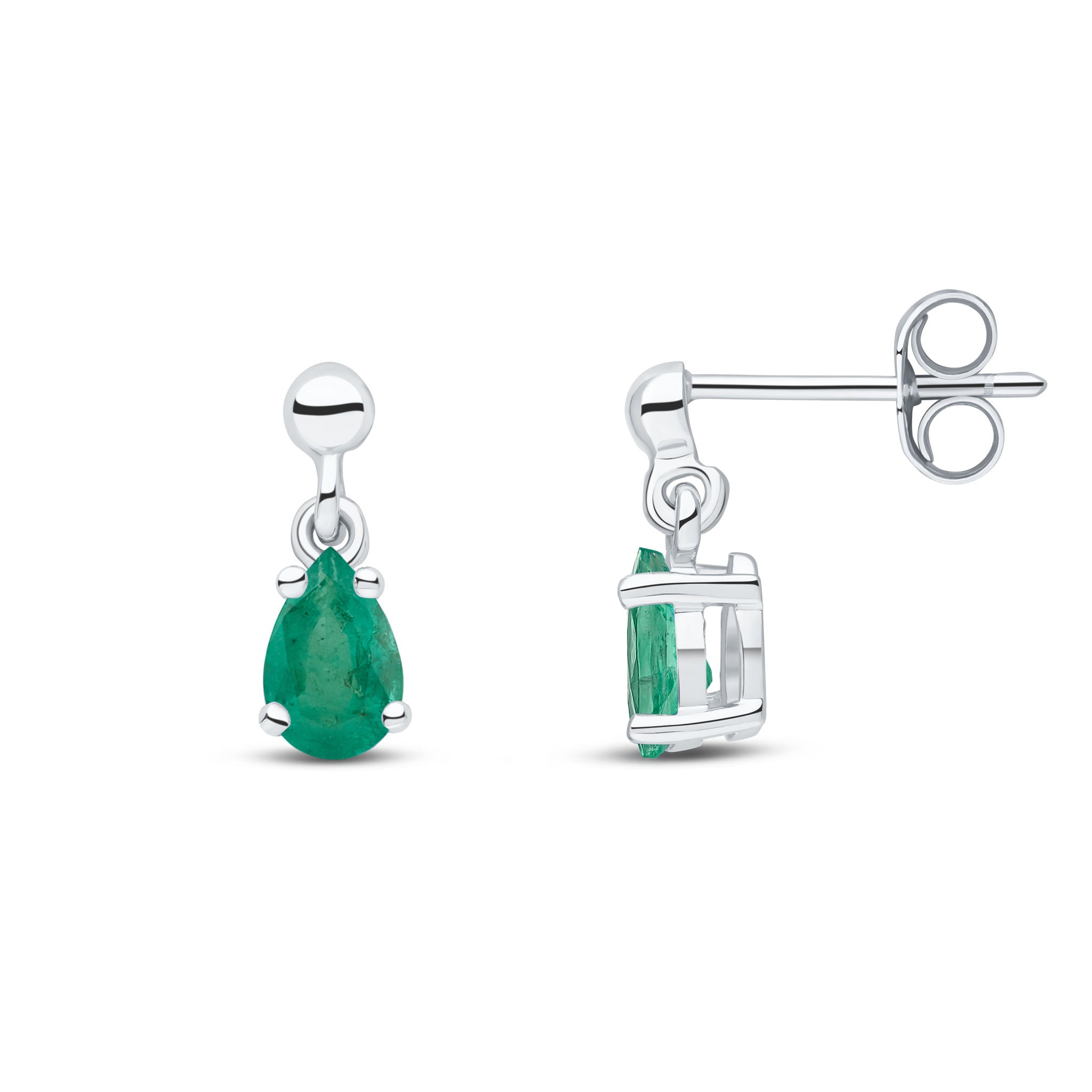 9ct White Gold 6x4 Pear Shape Emerald Claw Set Drop Earrings with Bead Stud Top