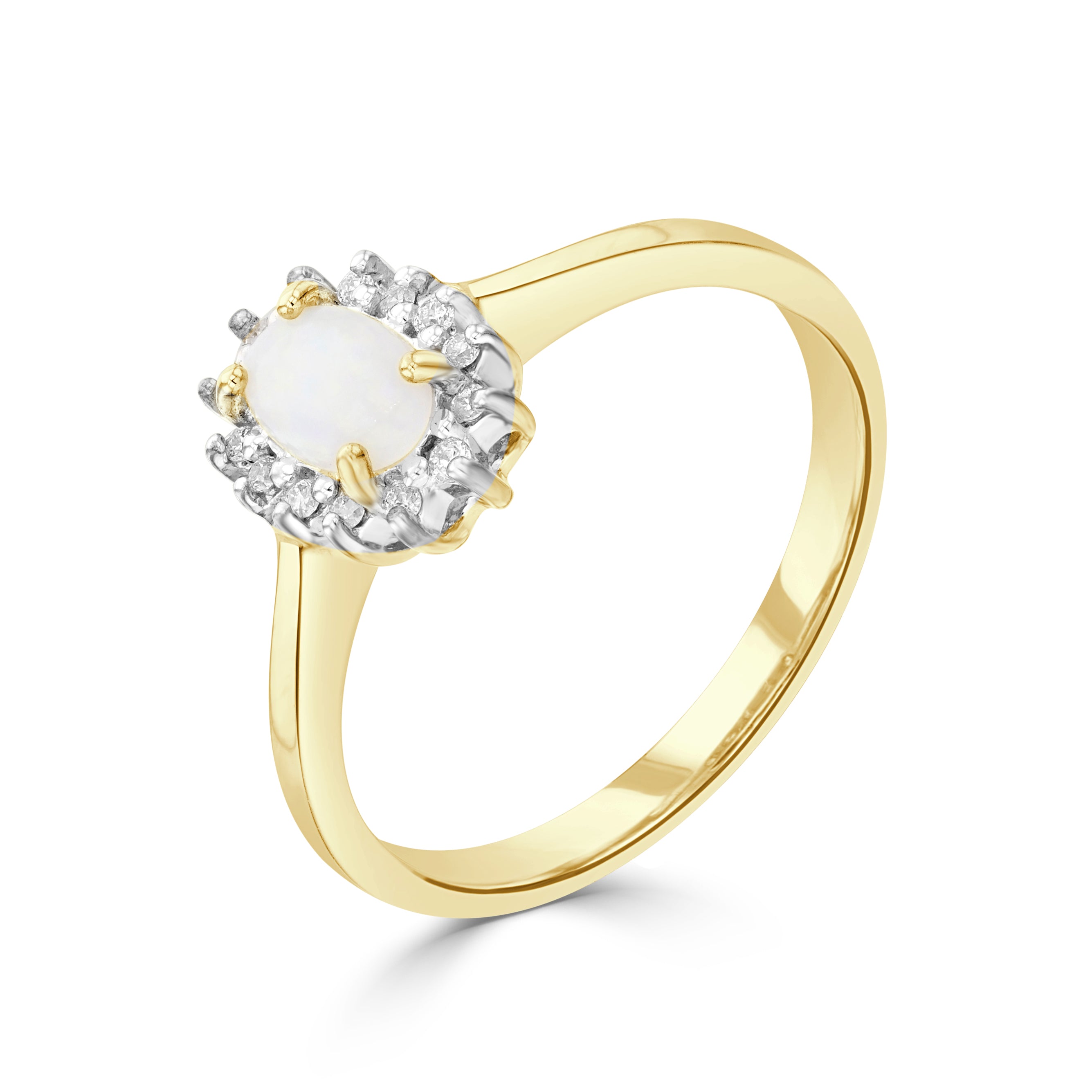9ct Yellow Gold 6x4 Oval Opal & Diamond Claw Set Cluster Ring Rhodium to Diamonds
