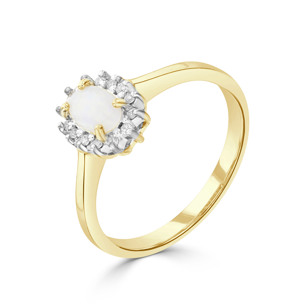 9ct Yellow Gold 6x4 Oval Opal & Diamond Claw Set Cluster Ring Rhodium to Diamonds