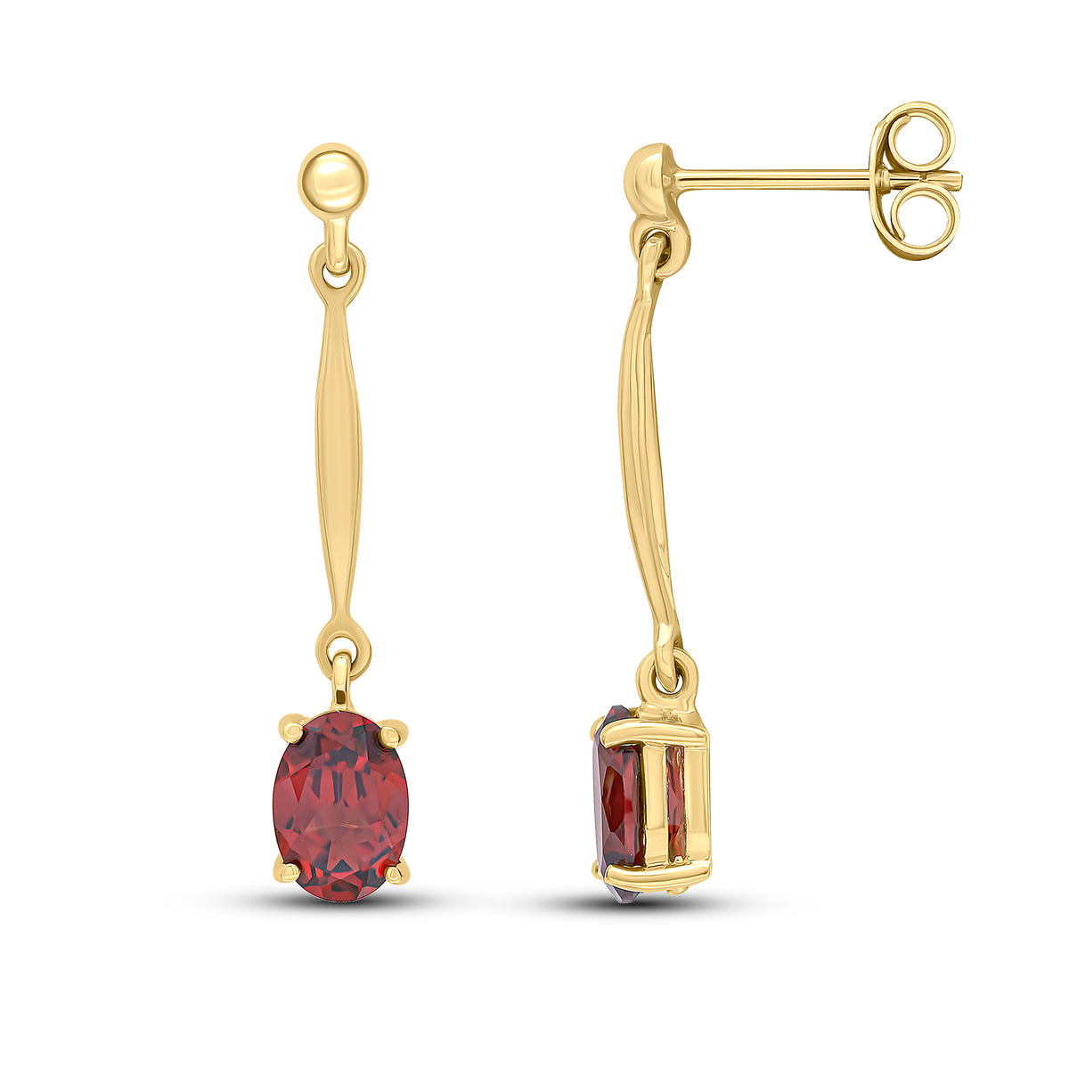 9ct Yellow Gold 7x5mm Oval Garnet and Bar Drop Earrings with Bead Top