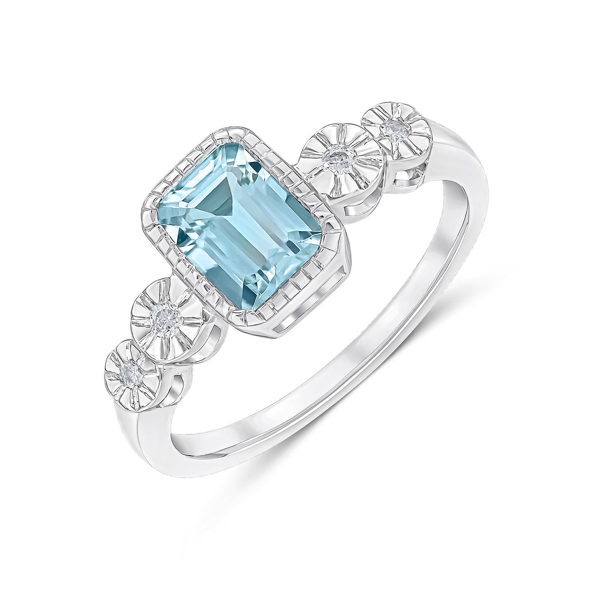 9ct White Gold Milgrain Octagon Aquamarine and Illusion Diamond 4 Stone Shoulders Ring