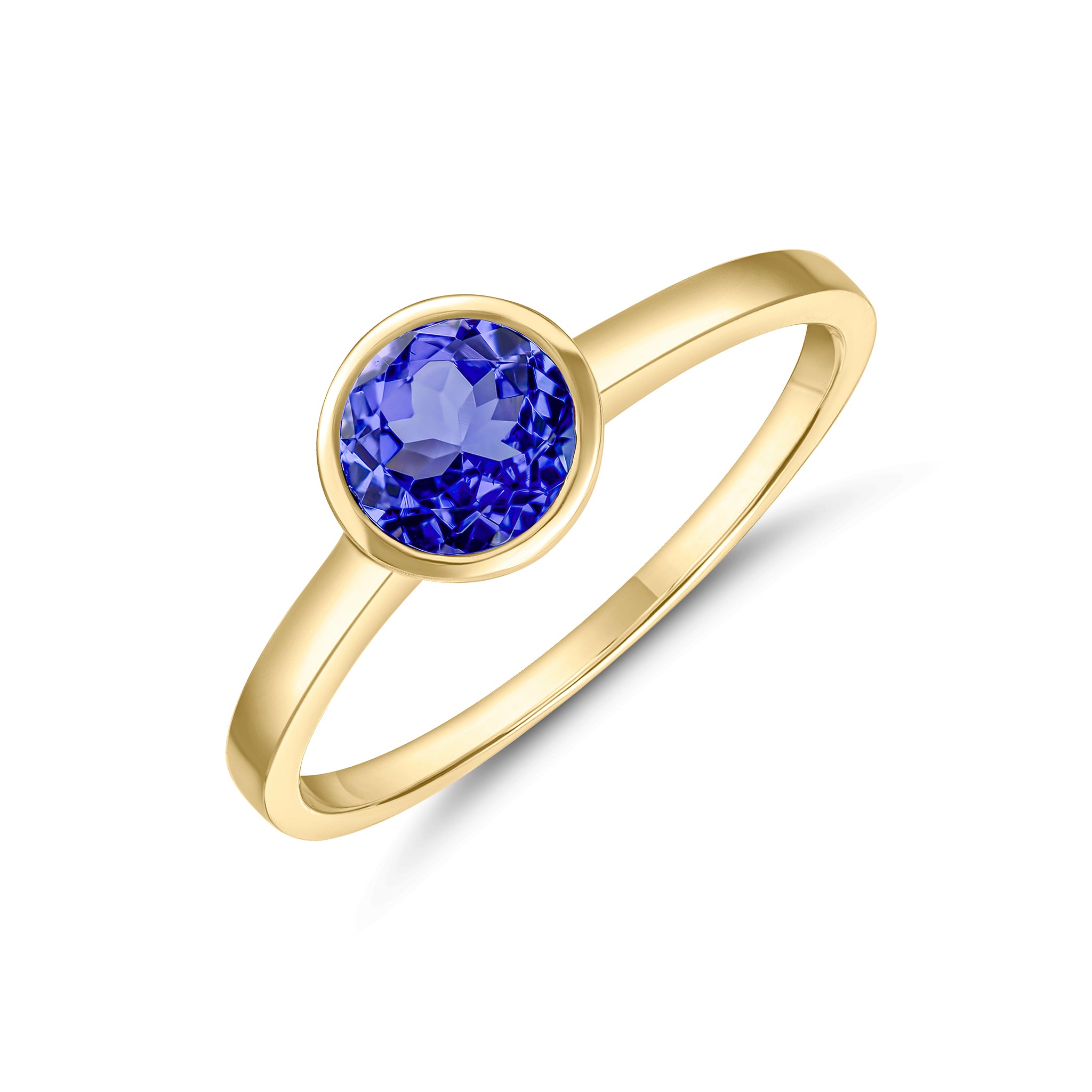 9ct Yellow Gold 6mm Round Tanzanite Rubover Single Stone Ring