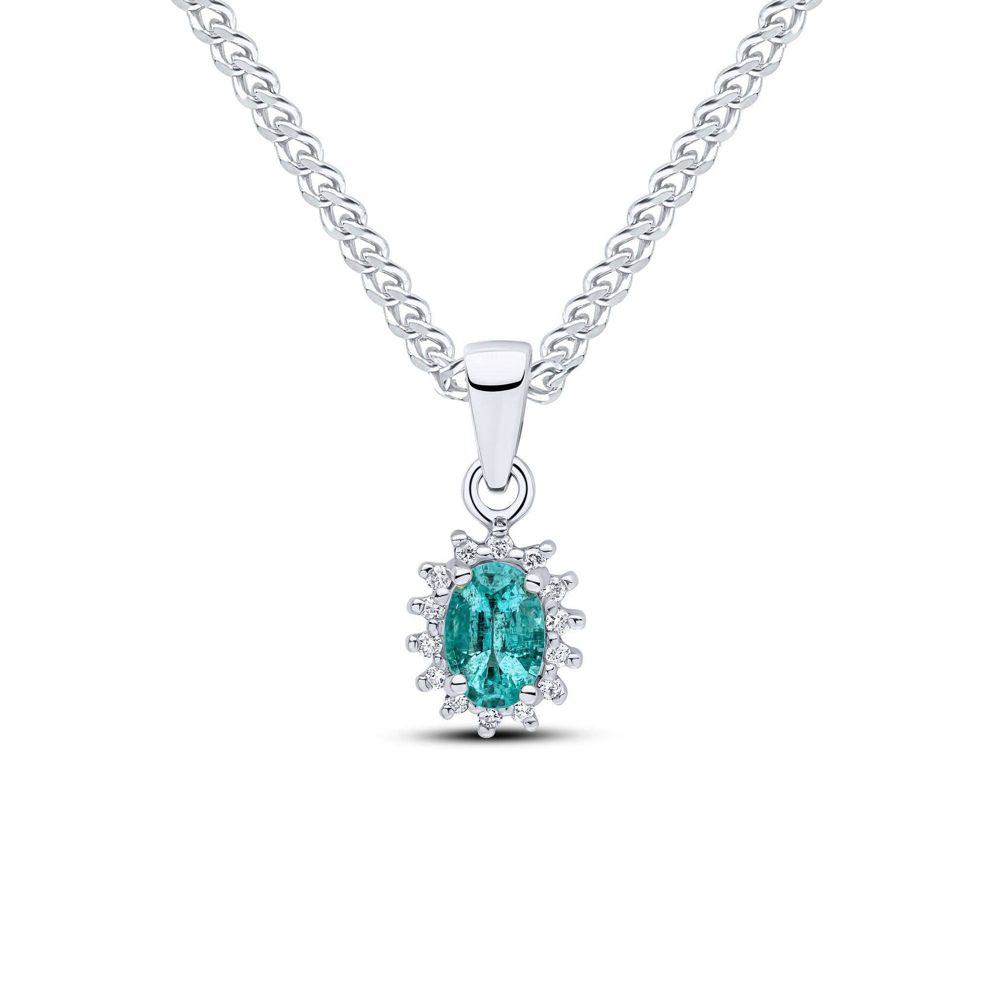 9ct White Gold Oval Em & Diamond Clust Pend