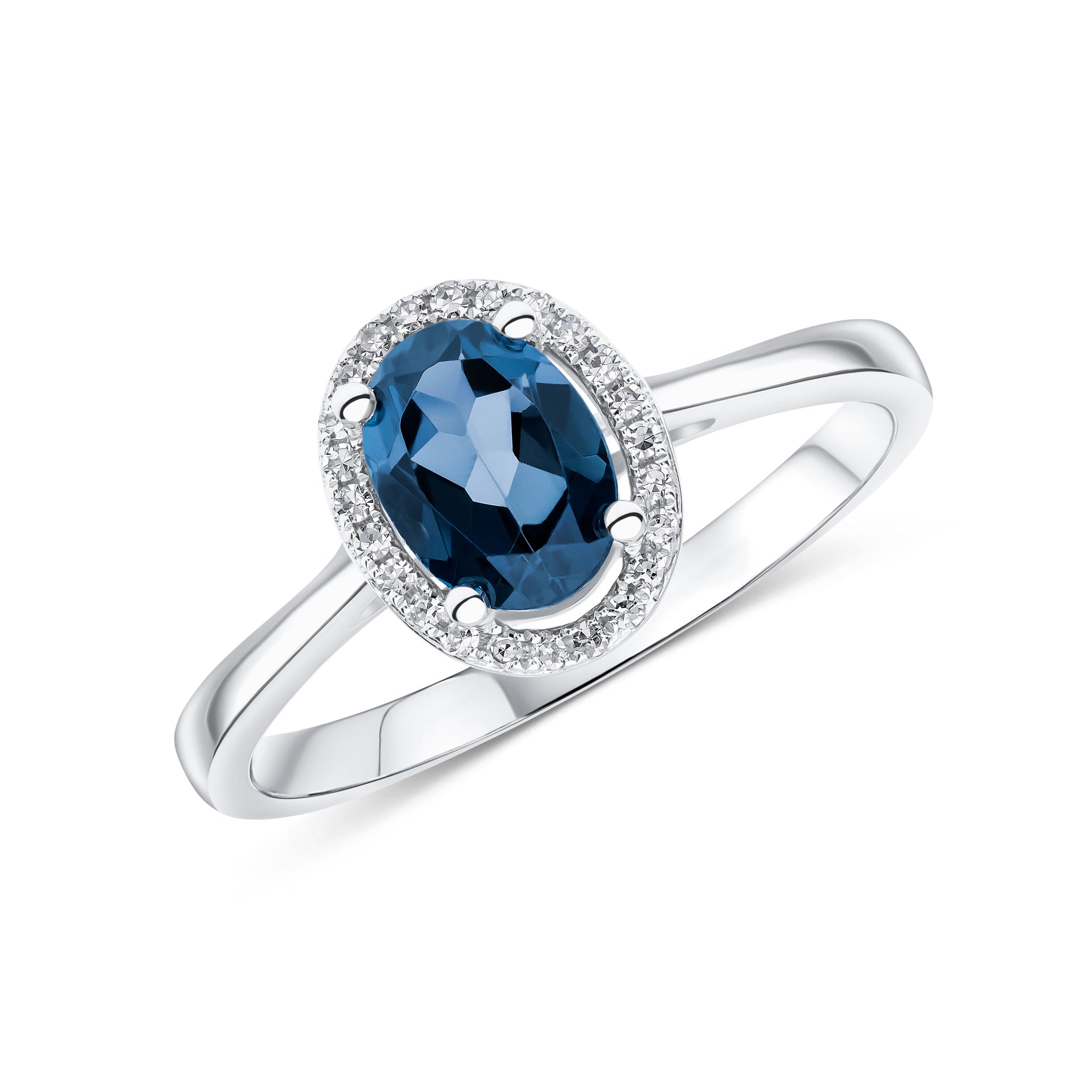 9CT WG 7X5 OVAL LONDON BLUE TOPAZ & ROUND DIAMOND HALO CLUSTER RING 1