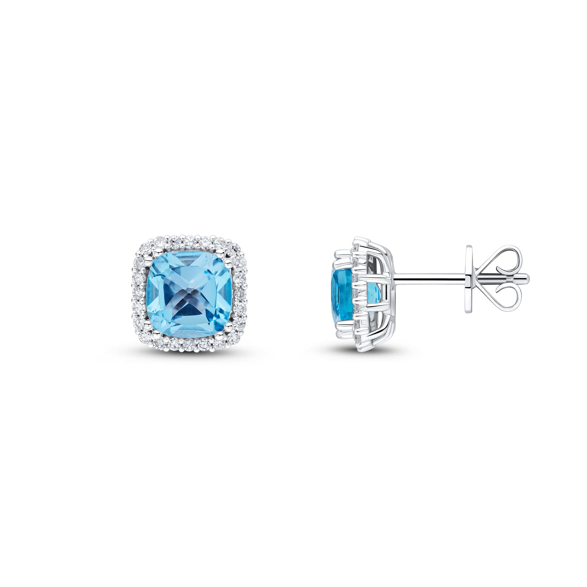 9ct White Gold 6mm Cushion Swiss Blue Topaz & Diamond Double Claw Set Cluster Earrings