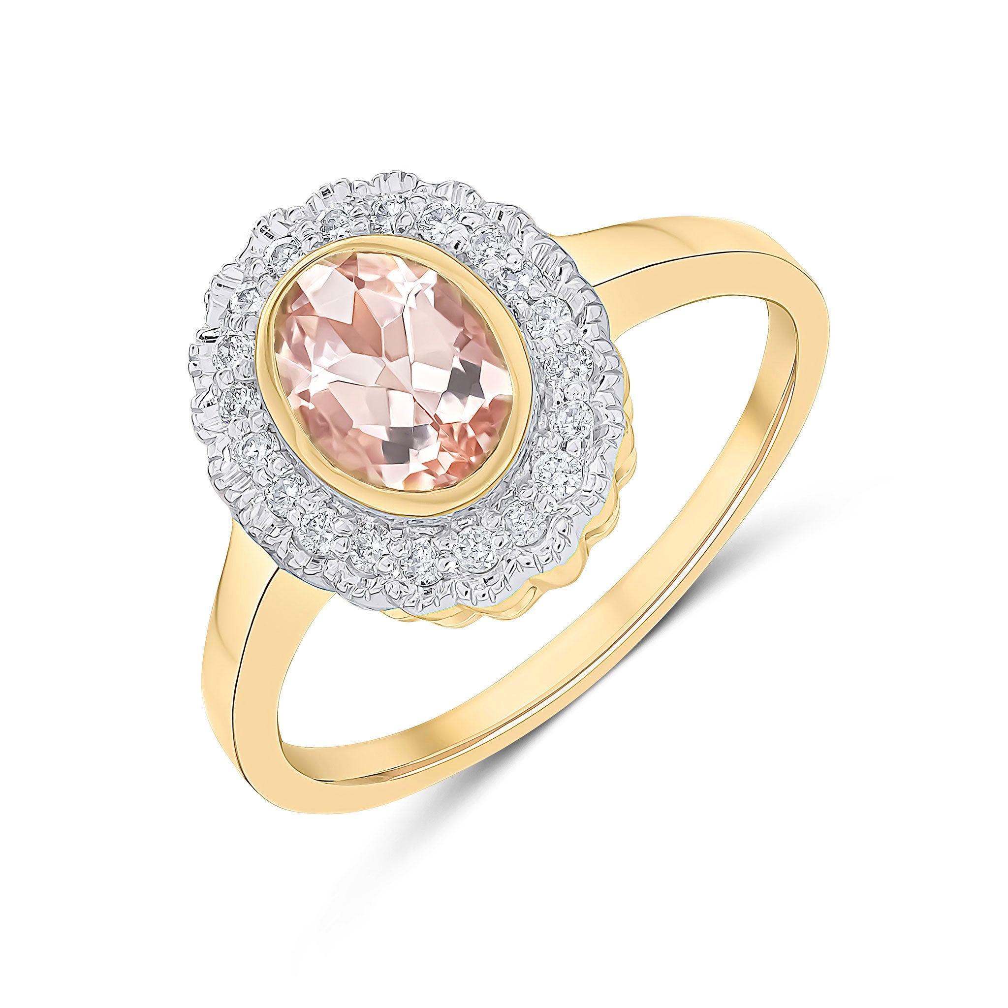 9ct Yellow Gold Rubover Oval Morganite and Milgrain Round Diamond Cluster Ring Rhodium to Diamonds