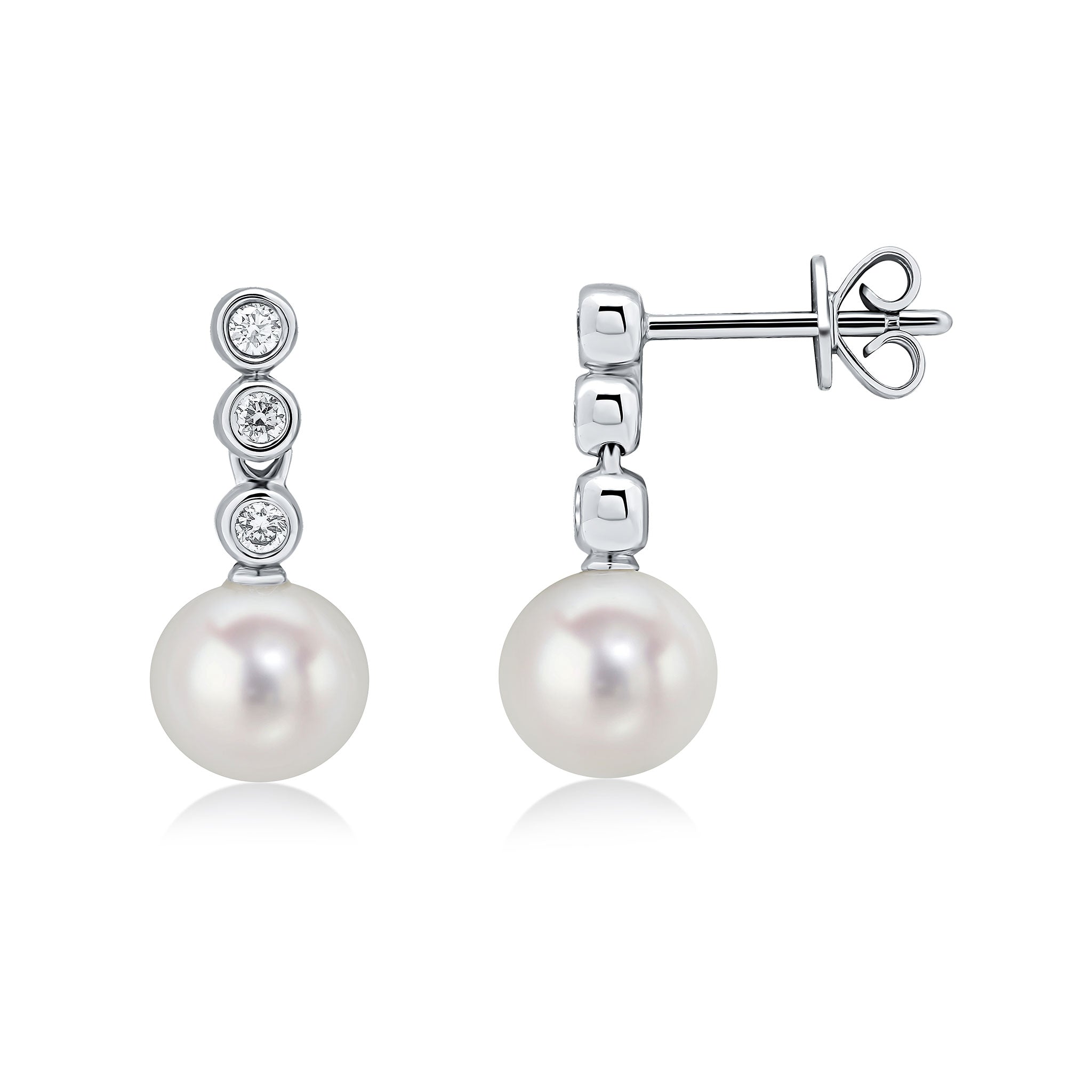 18wg Diamond & Fw Pearl 4 Stone Rubover Stud Earrings