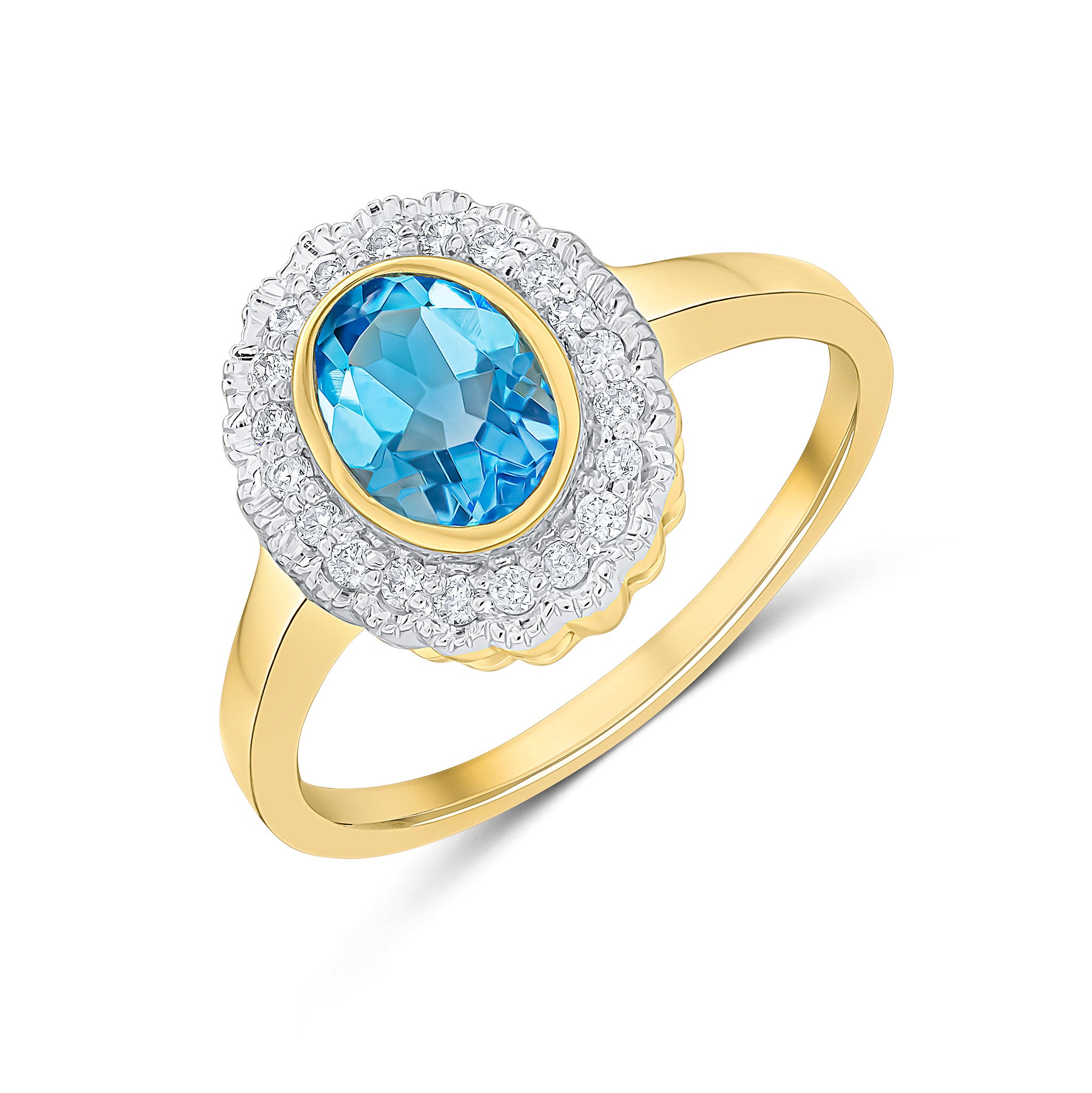 9ct Yellow Gold Rubover 7x5 Oval Swiss Blue Topaz and Milgrain Round Diamond Cluster Ring Rhodium to Diamonds