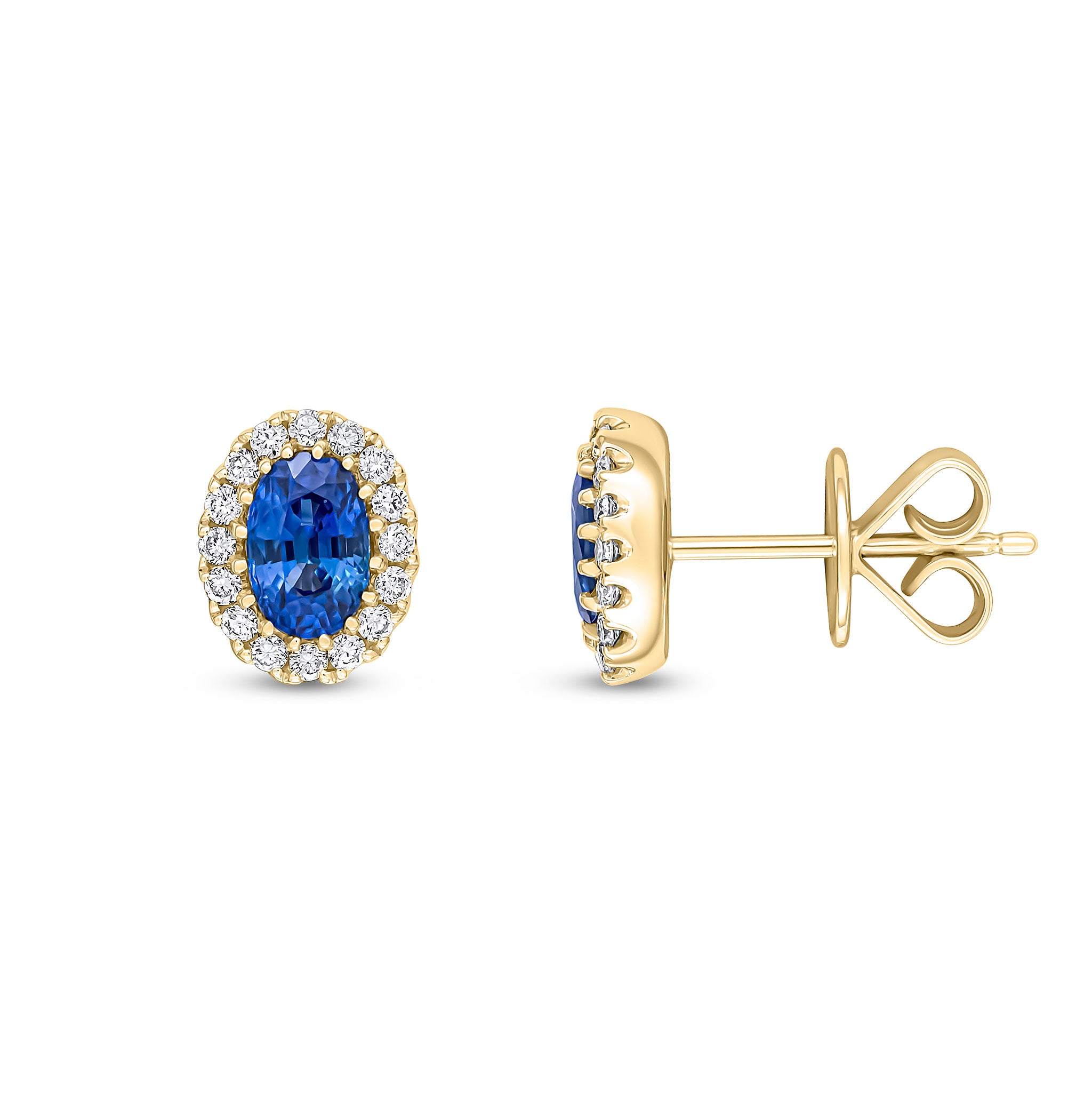18ct Yellow Gold 6x4 Oval Sapphire and Round Diamond Claw Cluster Earrings