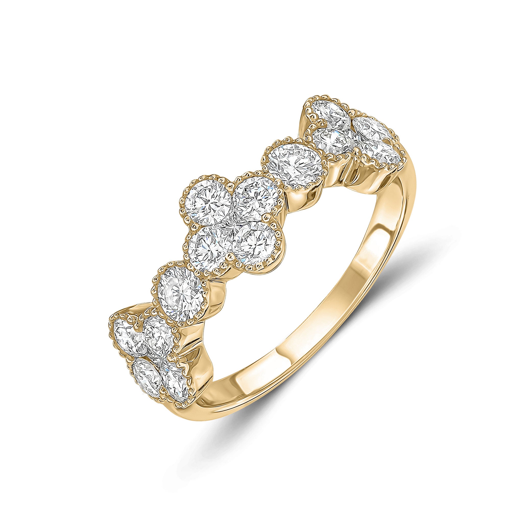 18ct Yellow Gold Round and Princess Cut Diamond Quatrefoil Milgrain Set Band Ring