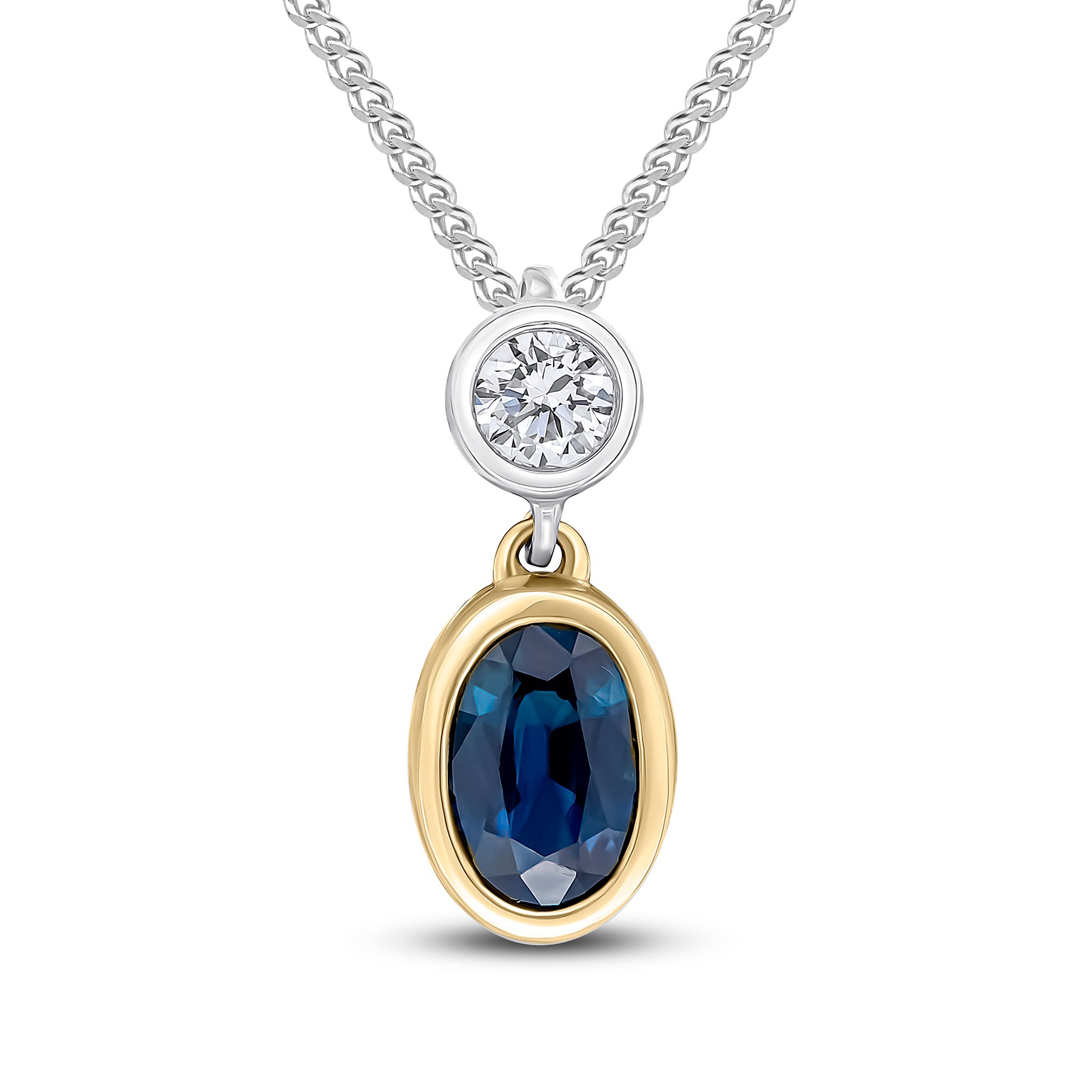 18ct Ywg Oval Sapphire & Round Diamond 2 Stone Rubover Slider Pendant