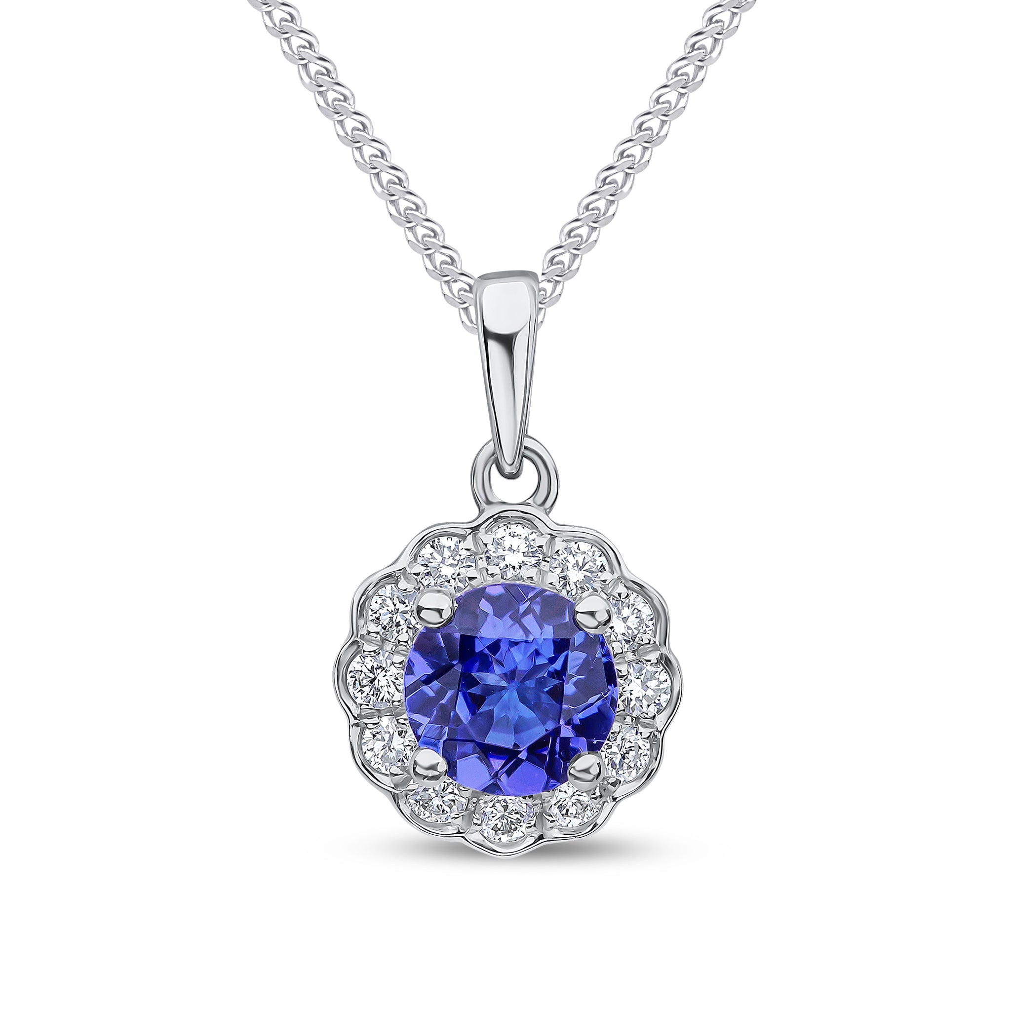 18ct White Gold 5mm Round Tanzanite and Diamond Claw Cluster Pendant with Scalloped Edge