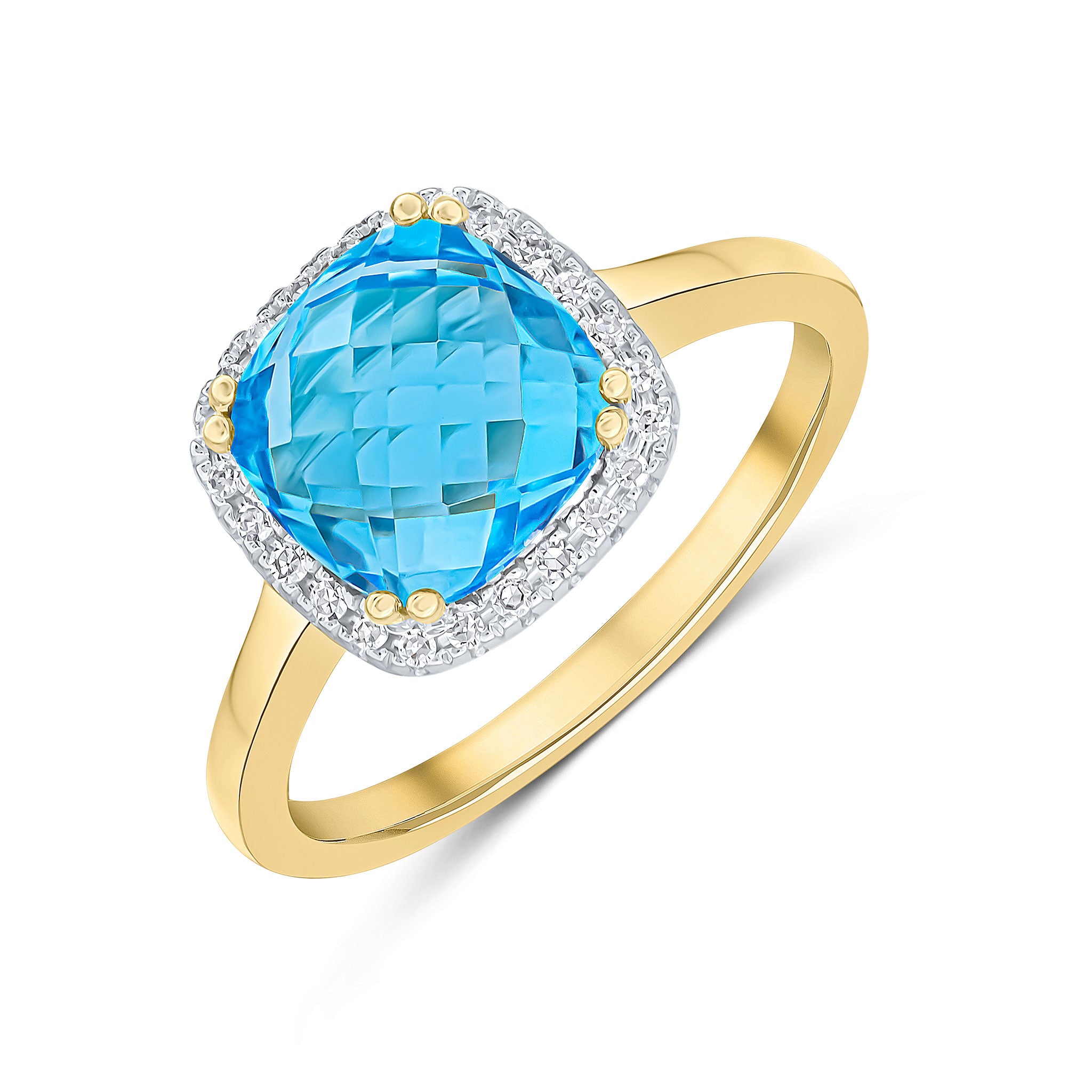 9CT YG 8MM CHECKERBOARD CUT CUSHION SWISS BLUE TOPAZ AND ROUND DIAMOND CLAW SET CLUSTER RING 1