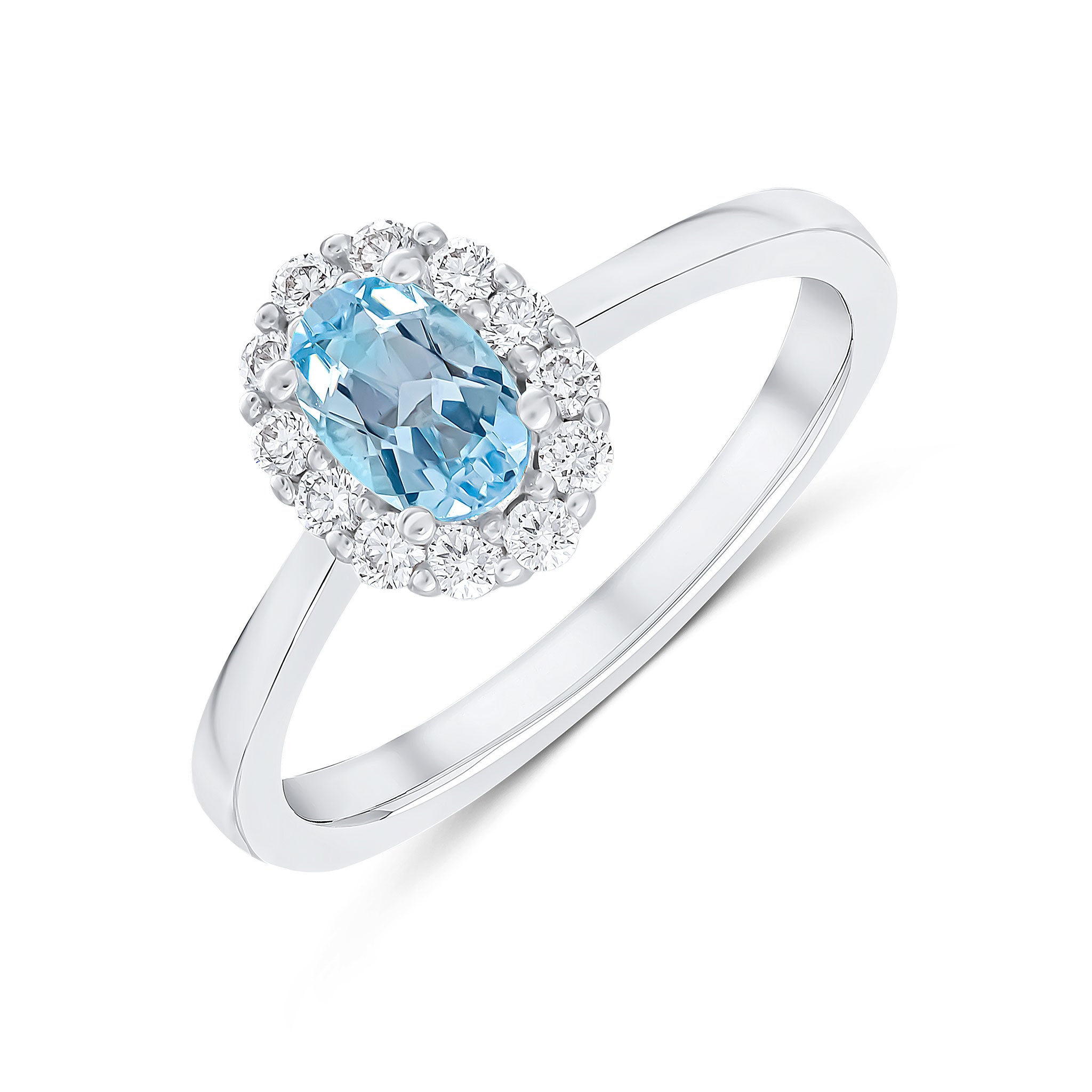 18ct White Gold 6x4 Oval Aquamarine and Diamond Claw Set Cluster Ring