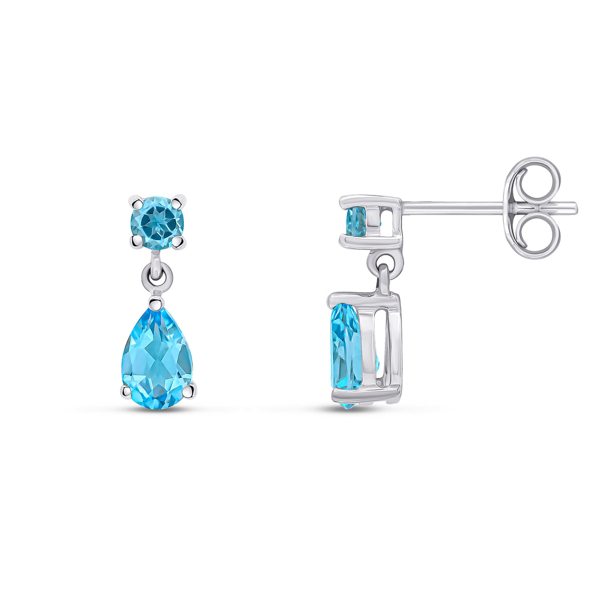 9ct White Gold Round and Pear Shape Swiss Blue Topaz 2 Stone Claw Set Drop Earrings
