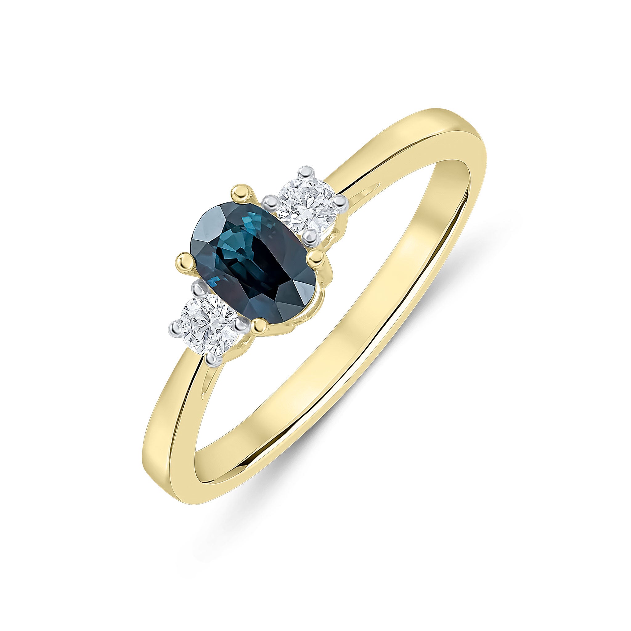 18ct Yellow Gold 6x4 Oval Sapphire & Round Diamond Claw Set 3 Stone Ring Rhodium to Diamonds