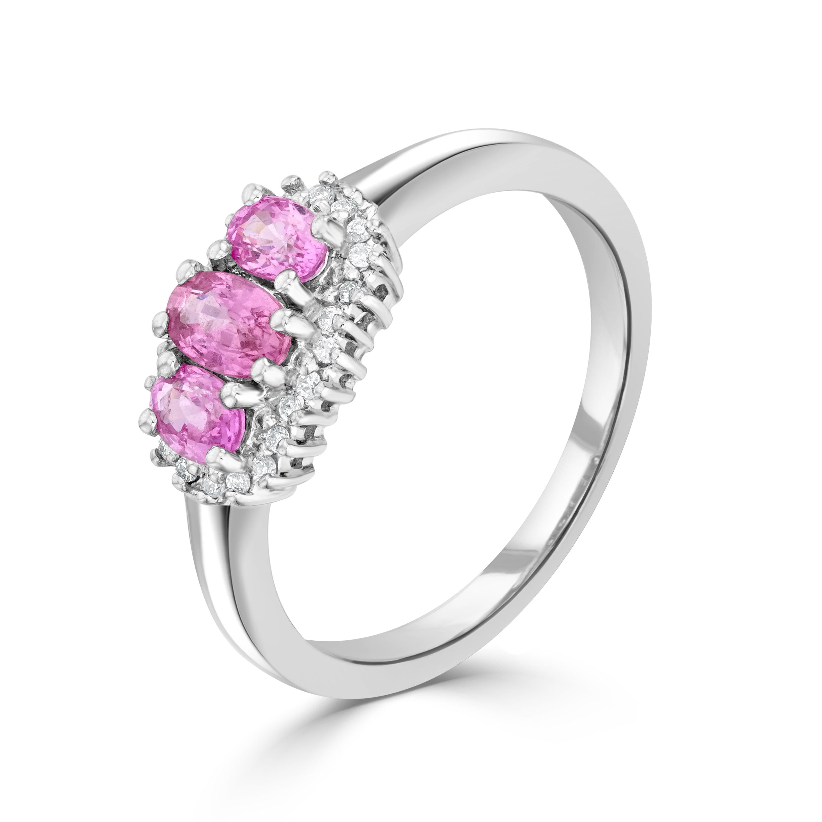 9ct White Gold Oval Pink Sapphire and Diamond Triple Cluster Ring