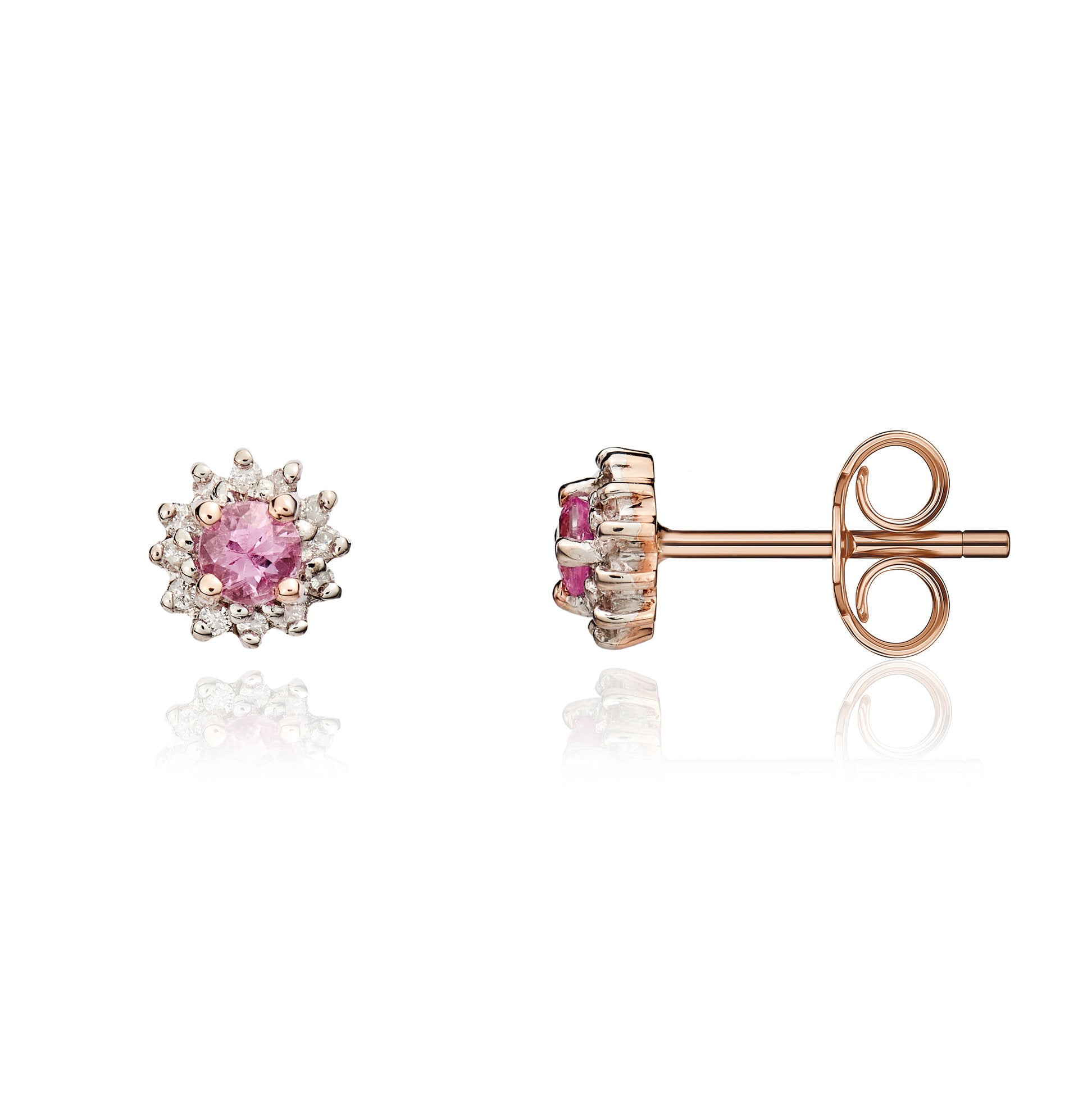 9ct Rose Gold 3mm Round Pink Sapphire and Diamond Claw Cluster Earrings Rhodium to Diamonds
