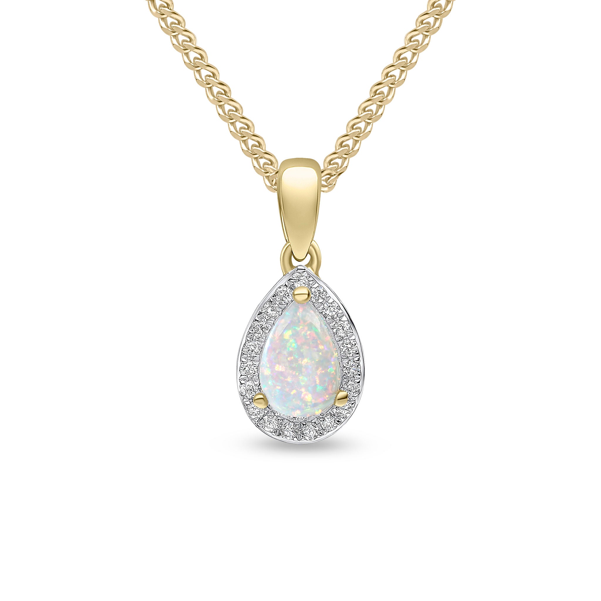 18ct Yellow Gold Claw Set 6x4 Pear Shape Opal & Diamond Cluster Pendant Rhodium to Diamonds