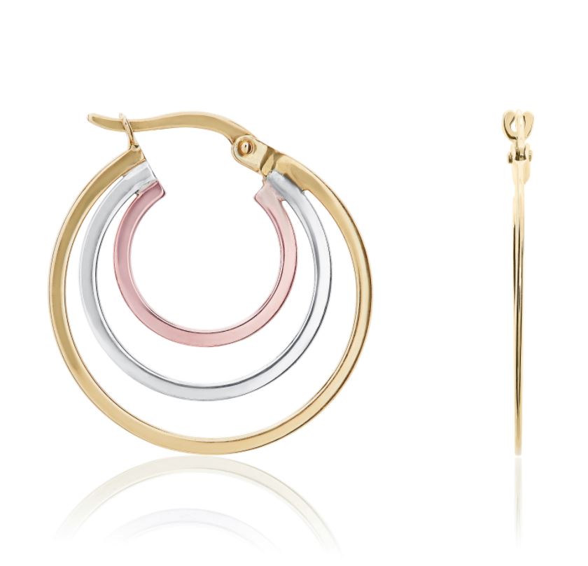 9ct Yellow, White And Rose Gold Flat Triple Hoop Earrings