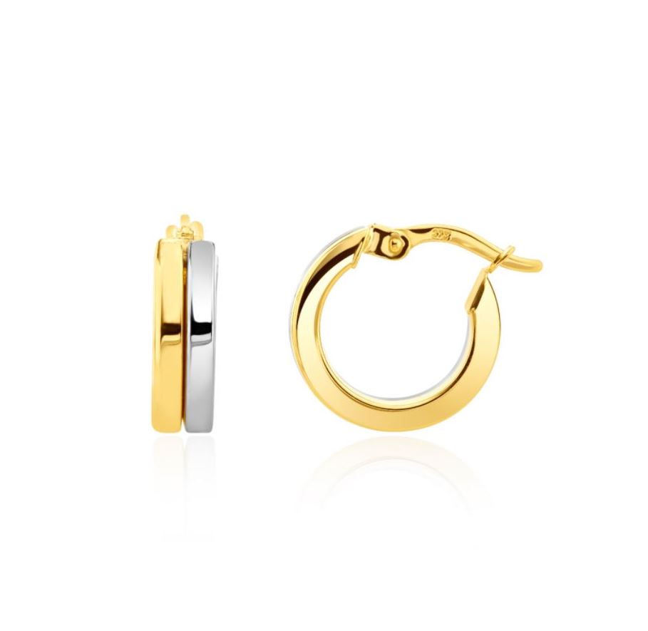 9ct yellow and white gold 2 Row Flat Tube Round Small Hoop Earrings